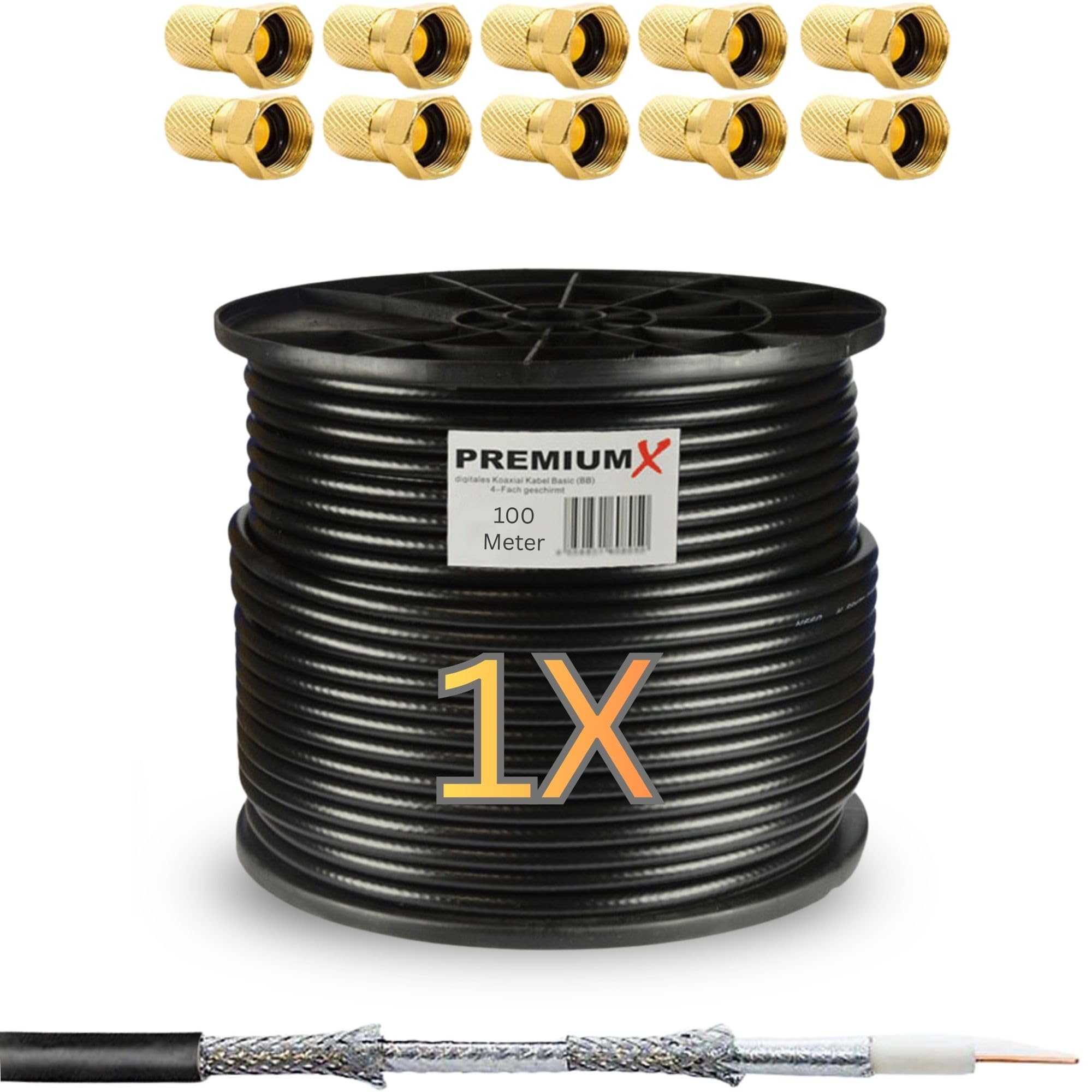 Premium X 100m SAT Koaxialkabel Set 135 dB 4-fach geschirmt - TV Antennenkabel 10 vergoldeten F-Steckern - DVB-S2/C/T2-4K UHD HDTV - wetterfest & UV-beständig Innen & Außen - 100% Signalqualität