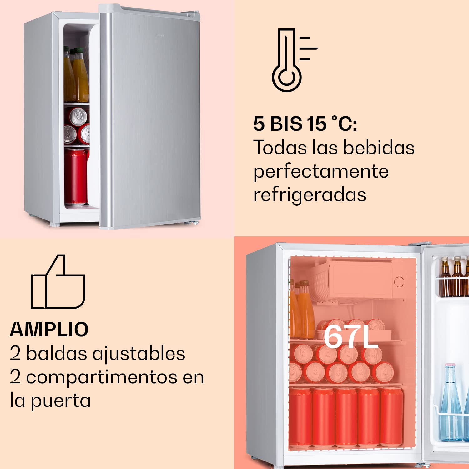 Klarstein Nevera Pequeña 67L para Refrescos y Cerveza con 4L Congelador, Mini Nevera Cristal, Minibar Silencioso, Enfriador de Vino, Interior/Exterior, Frigorificos Estantes Extraíbles