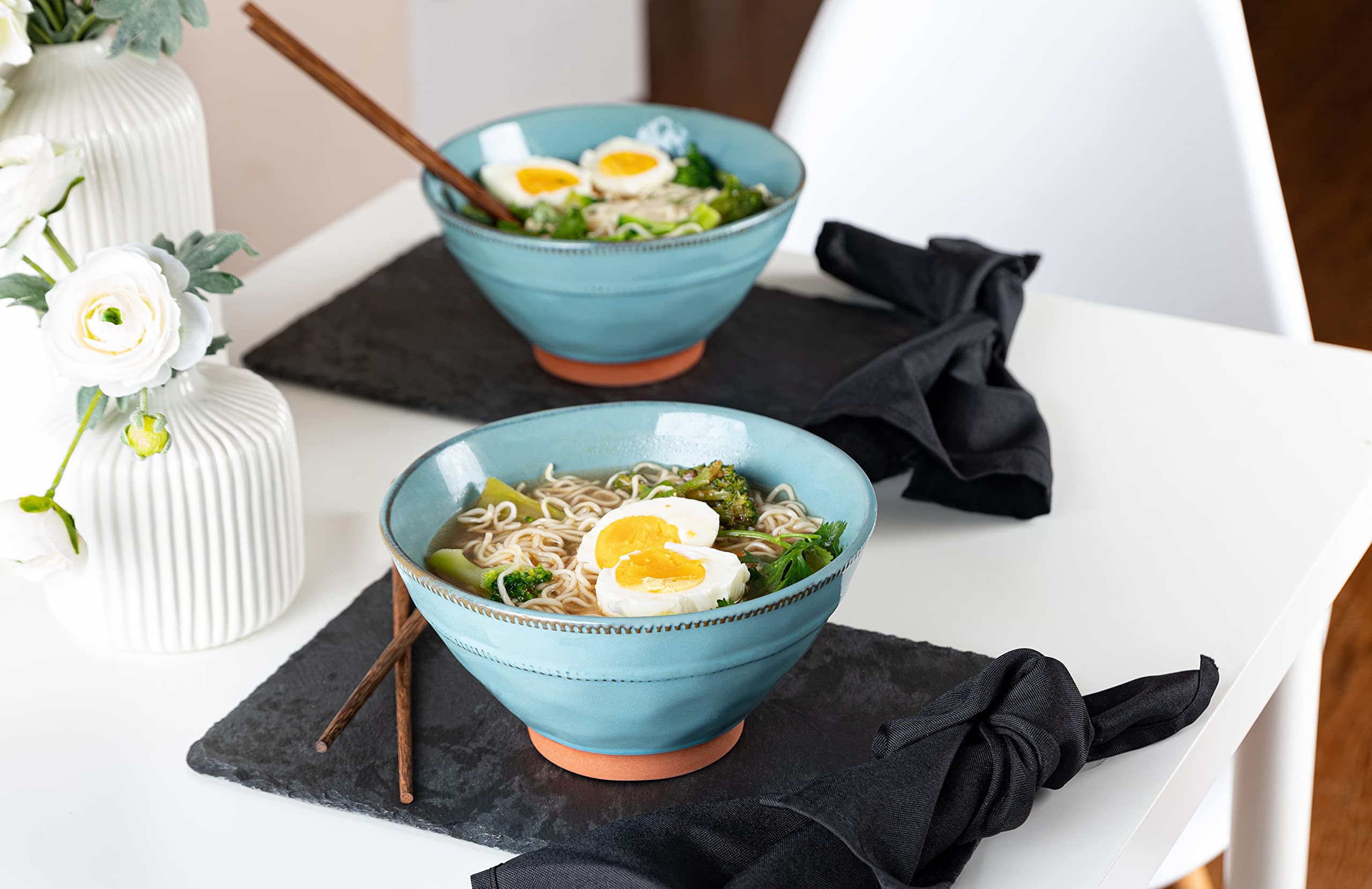 Kook Lot de 2 bols à ramen japonais en terre cuite - Passe au micro-ondes et au lave-vaisselle - Pour riz, Udon, soba, Pho - 1 020,6 g - Avec un lot de baguettes en bois (bleu sarcelle)