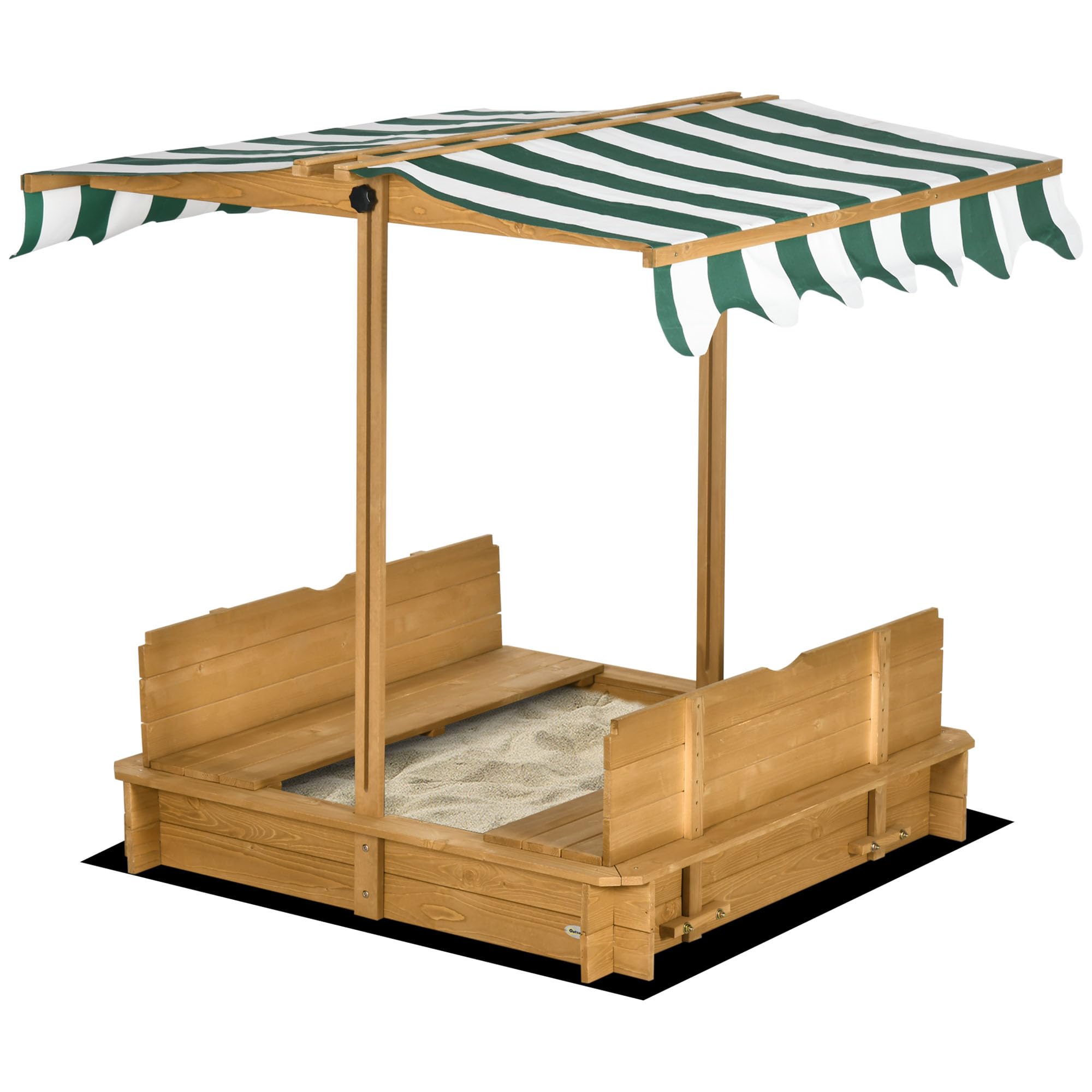 Outsunny Arenero para Niños de Madera Arenero con Toldo Ajustable Respaldos Desmontables y 2 Bancos para Jardín Patio 106x106x121 cm Natural y Rayas Verdes