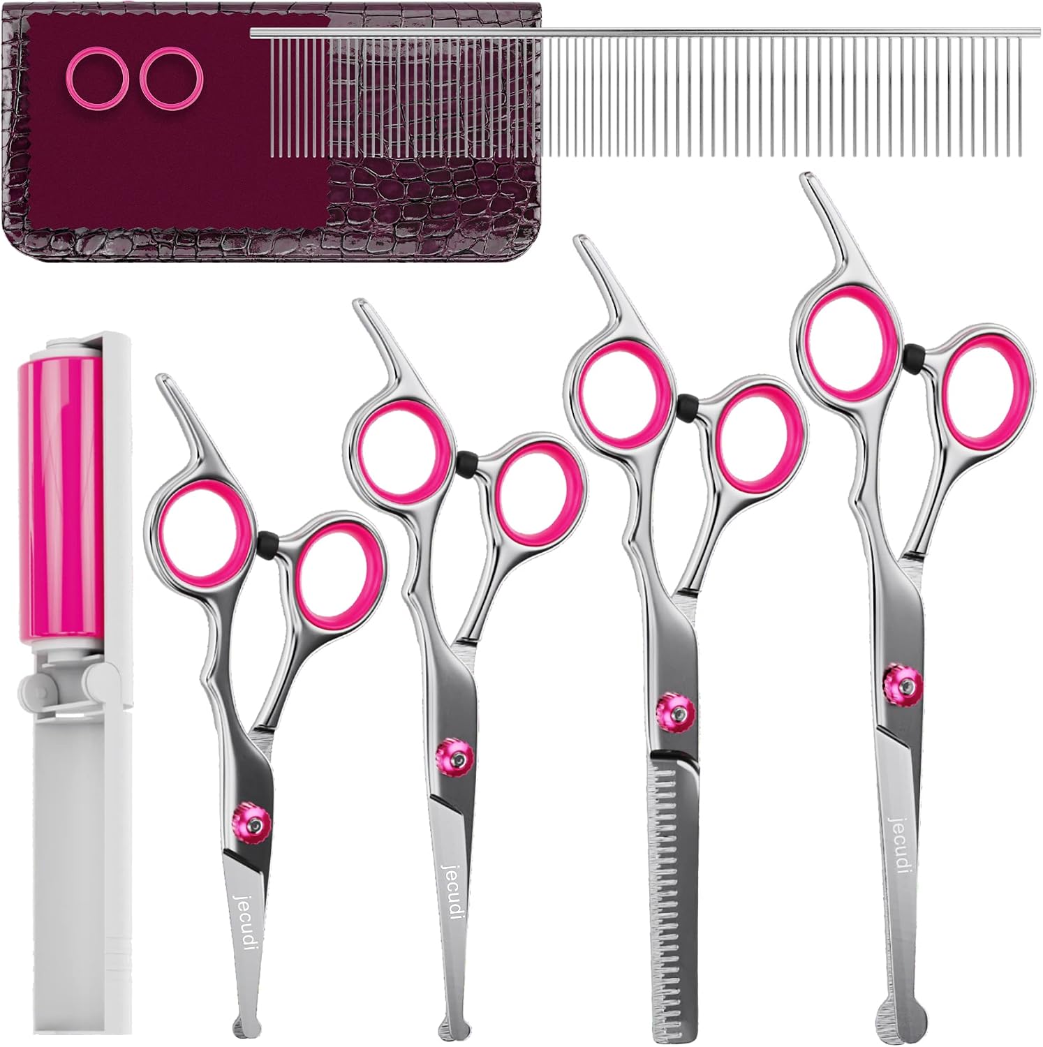 Jecudi Dog Grooming Scissors With Safety Round Tips, 7 In 1 Pet Grooming Scissors Set, Pet Cutting Scissors Kit With Thinning, Straight,…