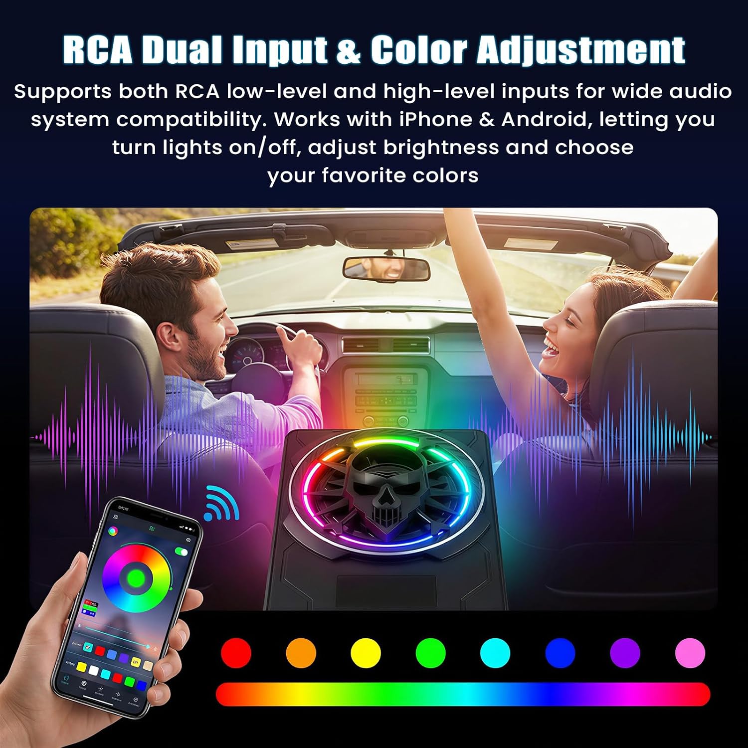 CAMECHO 10" 1200W Slim Powered Car Subwoofer, Underseat Amplified Bass Tube with Color Light, Variable Boost & Phase Control, APP Control, Sub Amp for Truck SUV Jeep MPV Sedan
