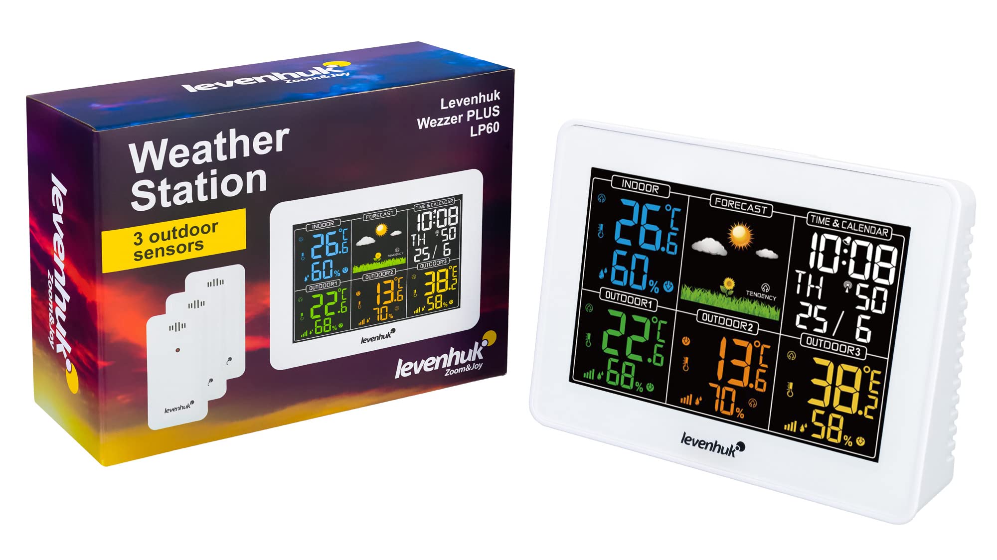 Stazione Meteo Digitale e Wireless Levenhuk Wezzer PLUS LP60 con 3 Sensori Remoti, Termometro, Igrometro, Orologio e Calendario