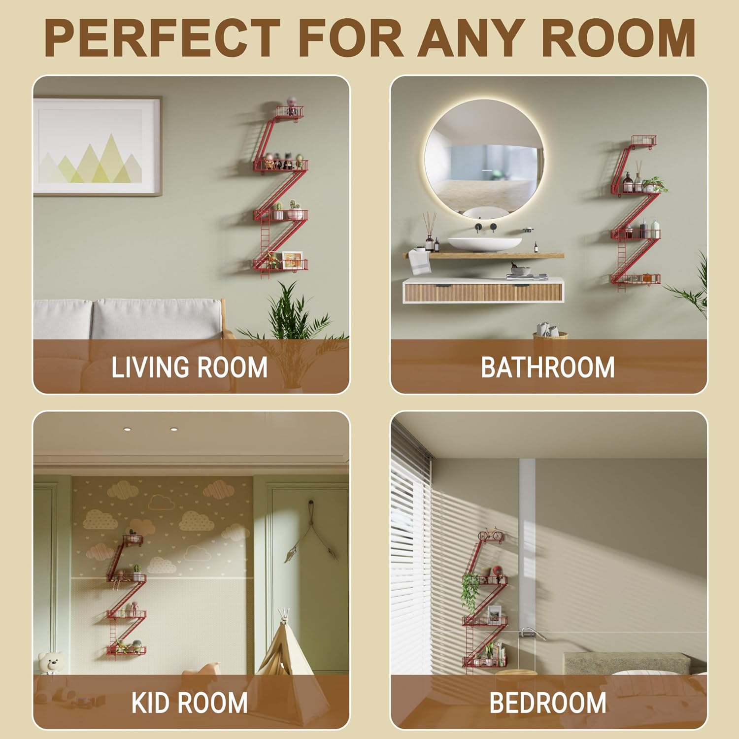 4 Tier Fire Escape Wall Shelf - Modern City Style Fire Escape Decorative & Planter Shelf, Easy to Install Metal Rustic Floating Shelves for Any Room, Red