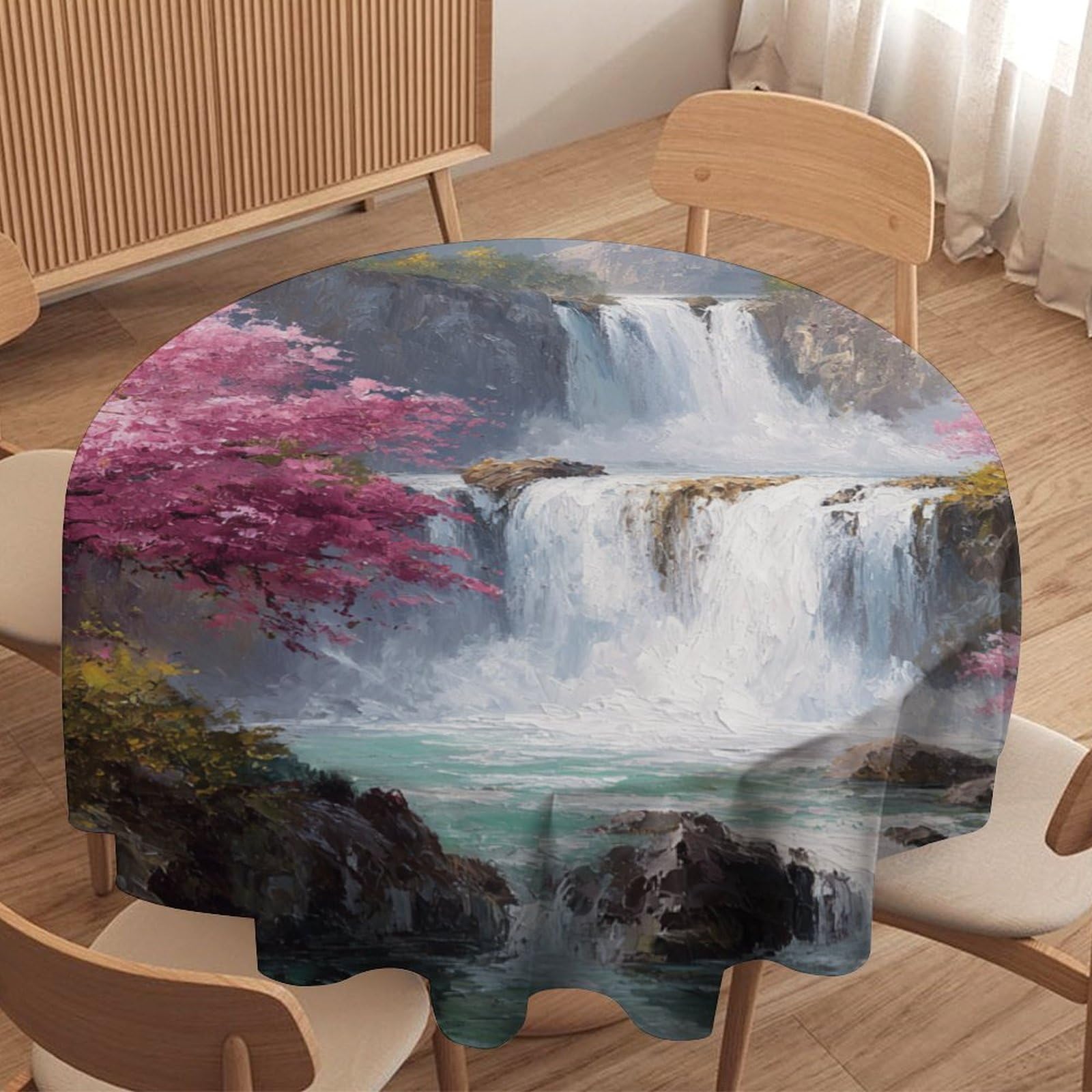 LUYYSKY Romantic Classic Spring Waterfall Waterproof Round Tablecloth Modern Art Natural Japanese Cherry Blossom Flowers Washable Table Cover for Kitchen-91.4" Wx91.4 L cm
