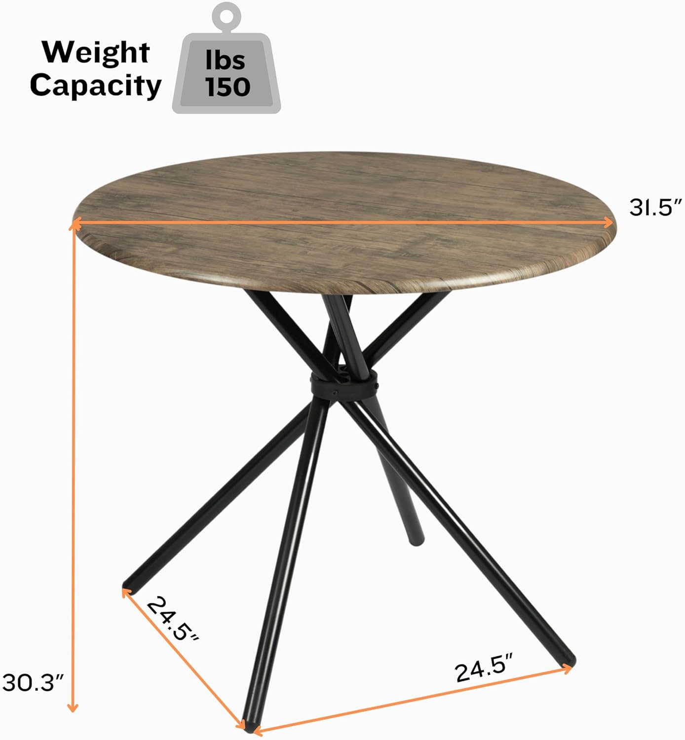 Diagram showing the dimensions of the Homy Casa table: 31.5 inches diameter, 30.3 inches height, and 24.5 inches leg spread, with a weight capacity icon showing 150 lbs.