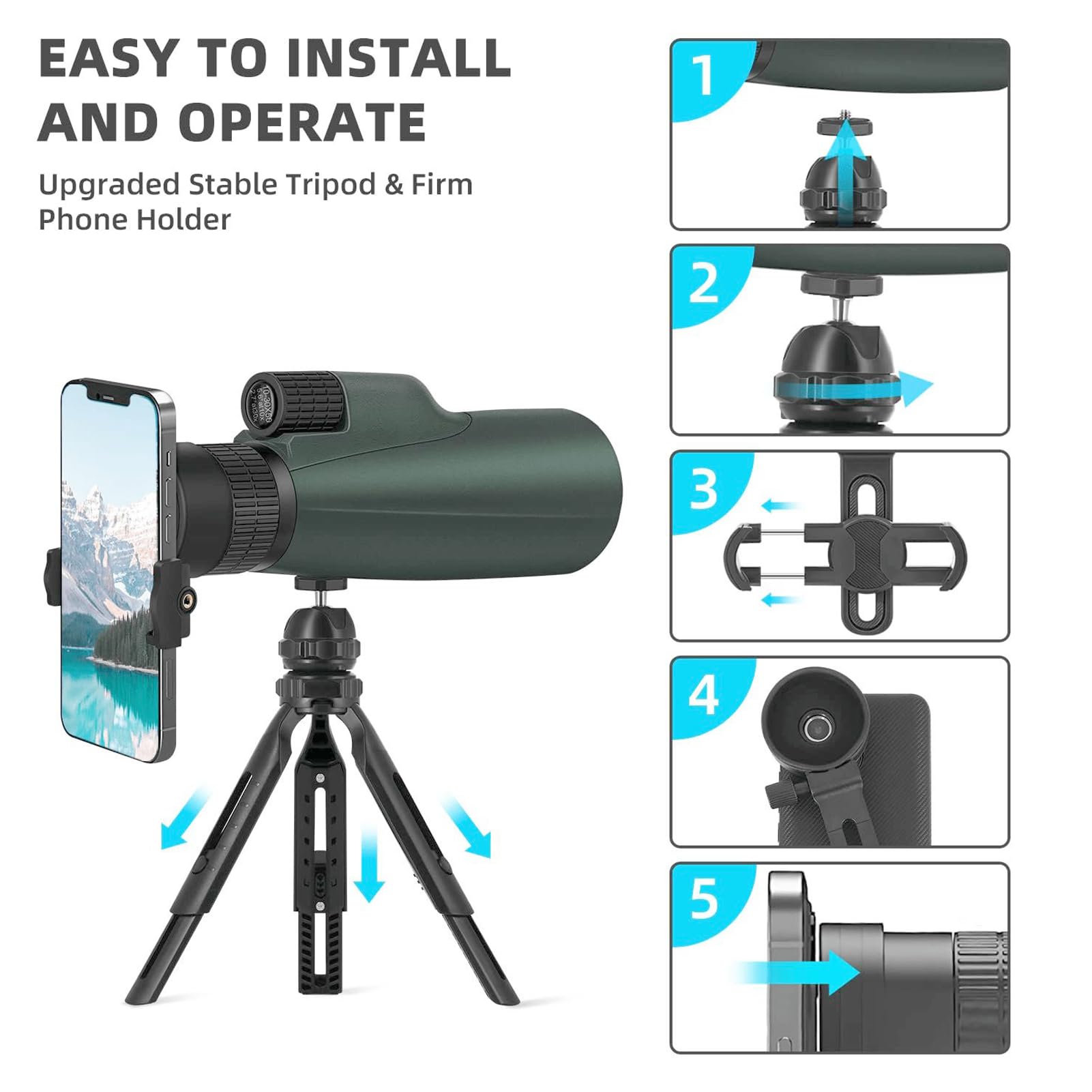 Télescope monoculaire zoom 10-30 x 50 pour adultes – Monoculaire HD haute puissance avec trépied et adaptateur, armure en caoutchouc, monoculaire à grand objectif étanche – pour opéra, observation des