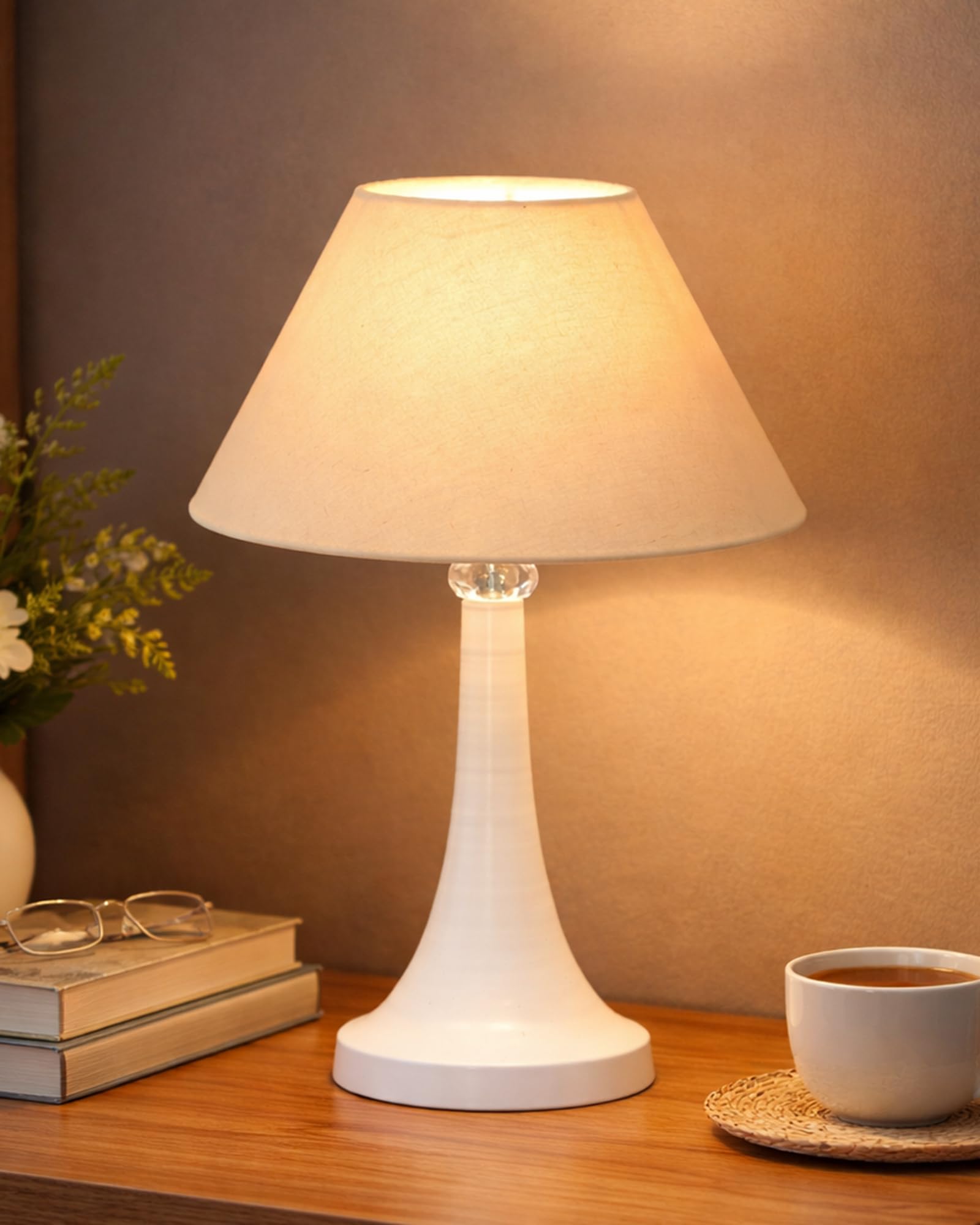 Homesake®Farmhouse Matt Table Lamp for Bedroom, White Modern Bedside Lamps for Living Room, Rustic Table Light for Night Stands Dorm Office Home Décor Fabric Shade, E27 Holder, (Beige Cone)-image-8