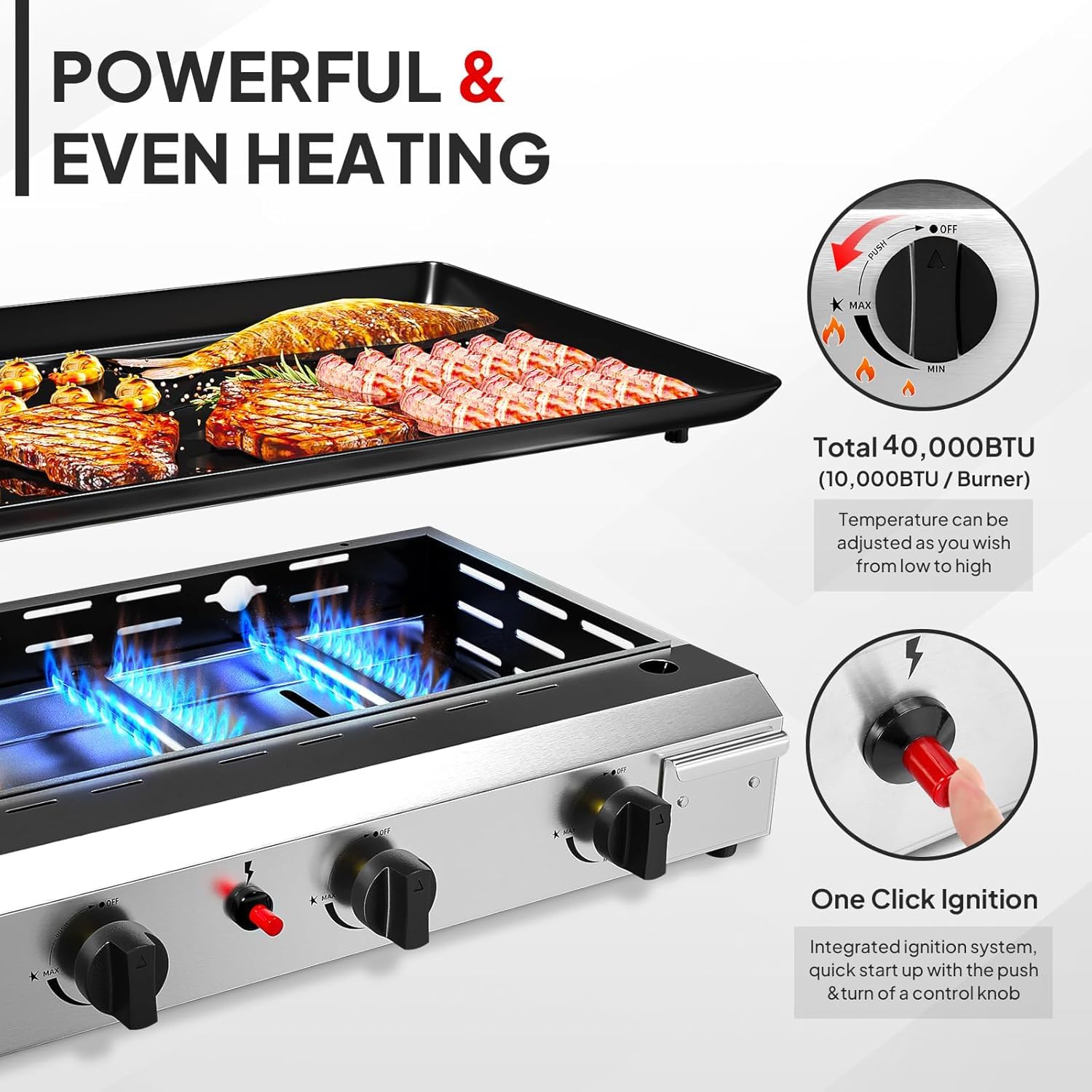 LEADZM Gasgrill, 4 Brennner 9.6KW - Ausgestattet mit einem 50-Mbar-Druckminderventil, Tischgrill für Camping, Garten & Strand