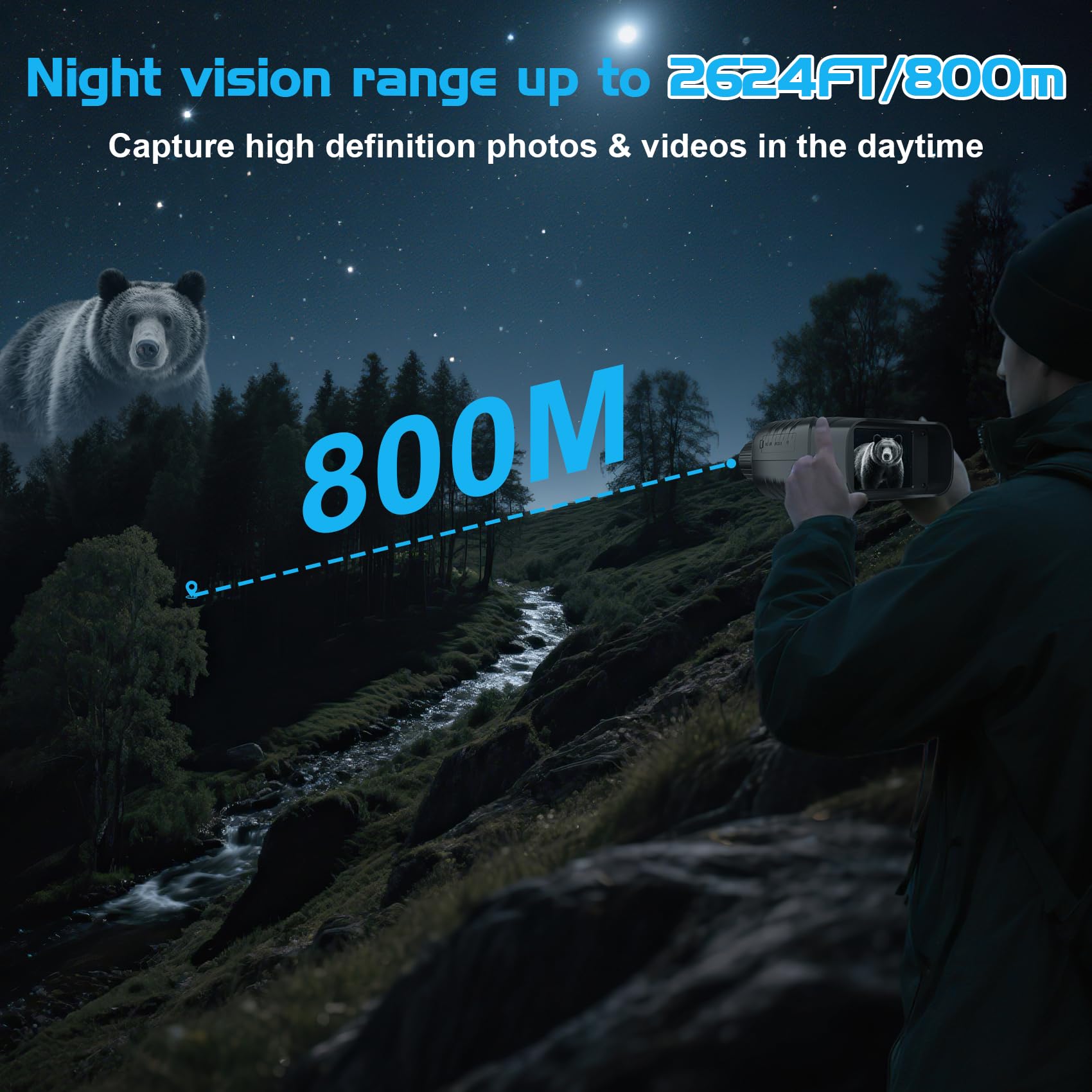 Visore Notturna, 2.8"HD Display, 10X Digitale Zoom 7-Livelli Infrarossi, 800M Visione con Batteria Ricaricabile da 2000mAh, Con per la Caccia, Birdwatching, Campeggio