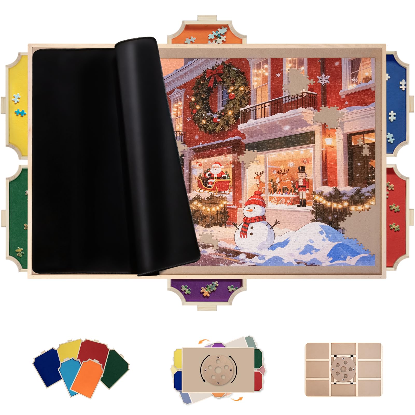 1500 Piece Rotating Puzzle Board Pro, with 6 Drawers, Rubber Cover Mat, 360° Lasy Susan, Sort-Wise Colorful Felt Drawers & 4 Trays, Wooden Jigsaw Puzzle Table, Birthday Gifts for Mom