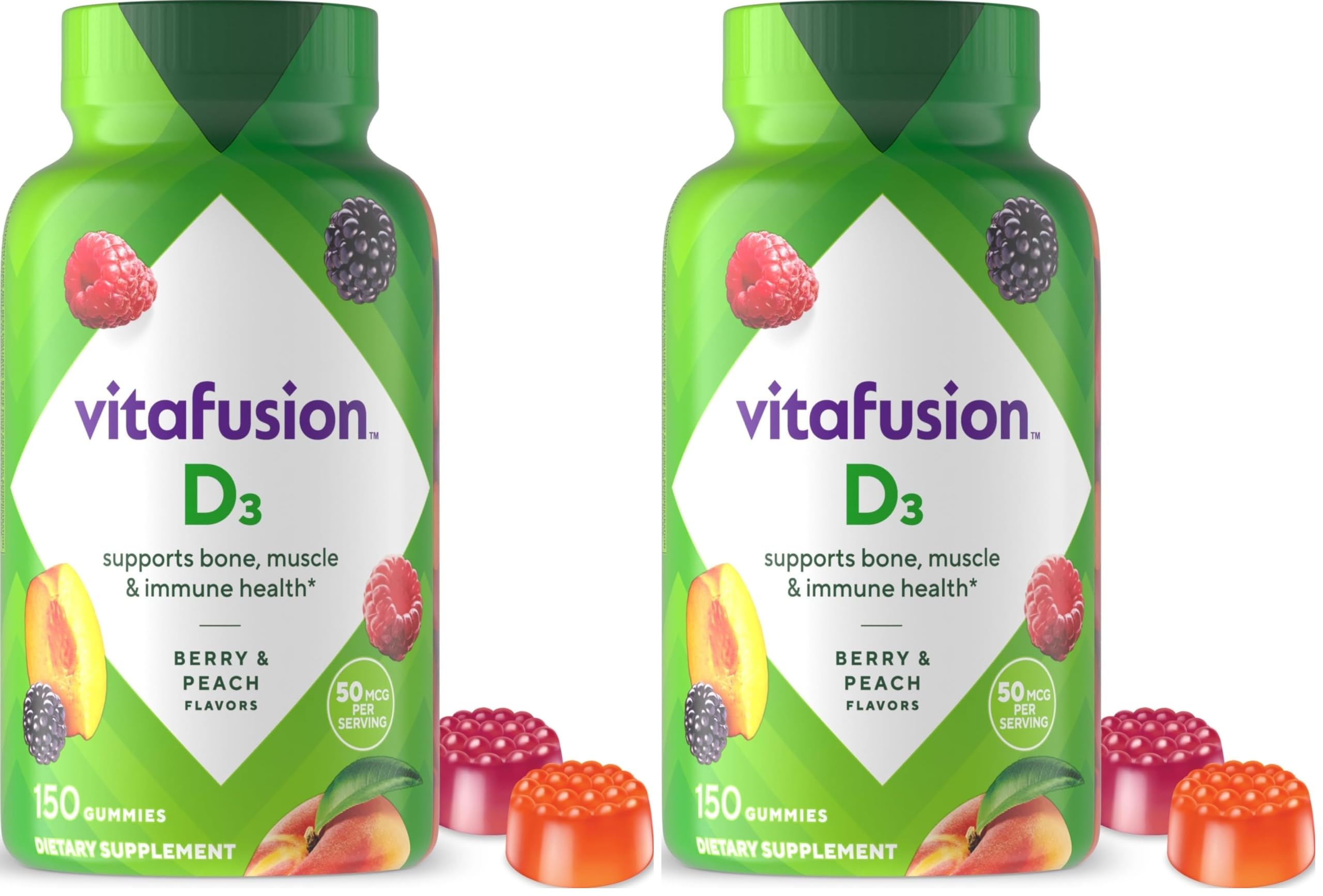 Vitafusion Vitamin D3 Gummies,Bone and Immune Support,Peach,BlackBerry,Strawberry Flavored,50 mcg D3 Gummy Vitamin Supplement,75 Day Supply,150 Count (Pack of 2)