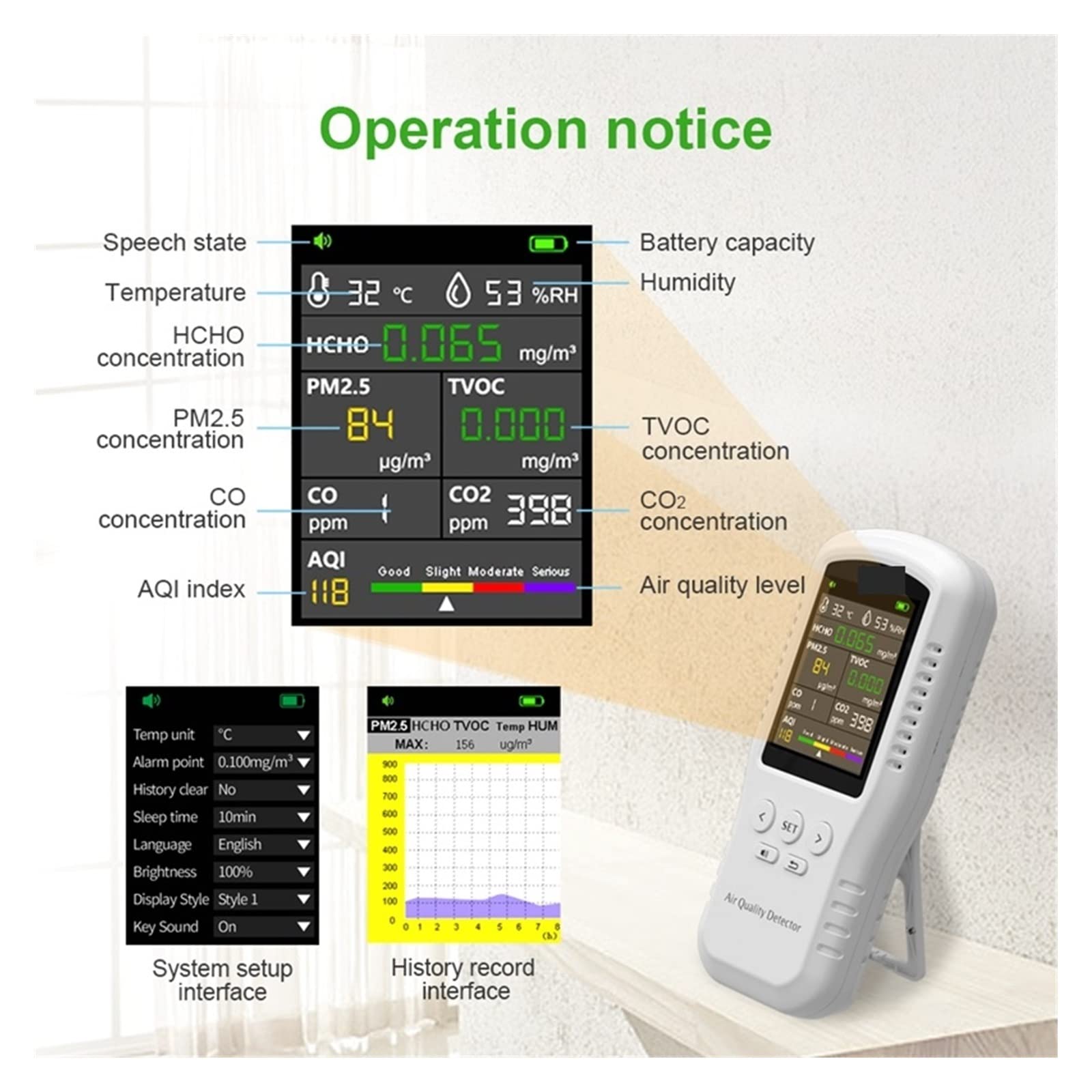 5 In1 Indoor Air Quality Monitor CO2 HCHO TVOC AQI Meter Detector Tester Temperature and Humidity Colorful LCD Screen Black 5 In1 Indoor Air Quality Monitor CO2 HCHO TVOC AQI Meter Detector Tester Temperature and Humidity Colorful LCD Screen Black