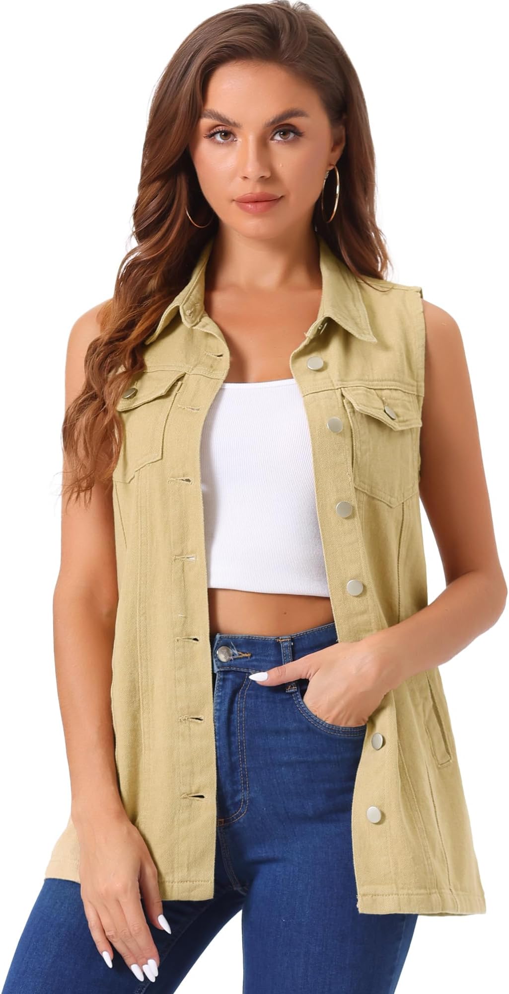 Allegra K Women's Denim Vest Sleeveless Button Down Waistcoat Casual Long Jean Vests