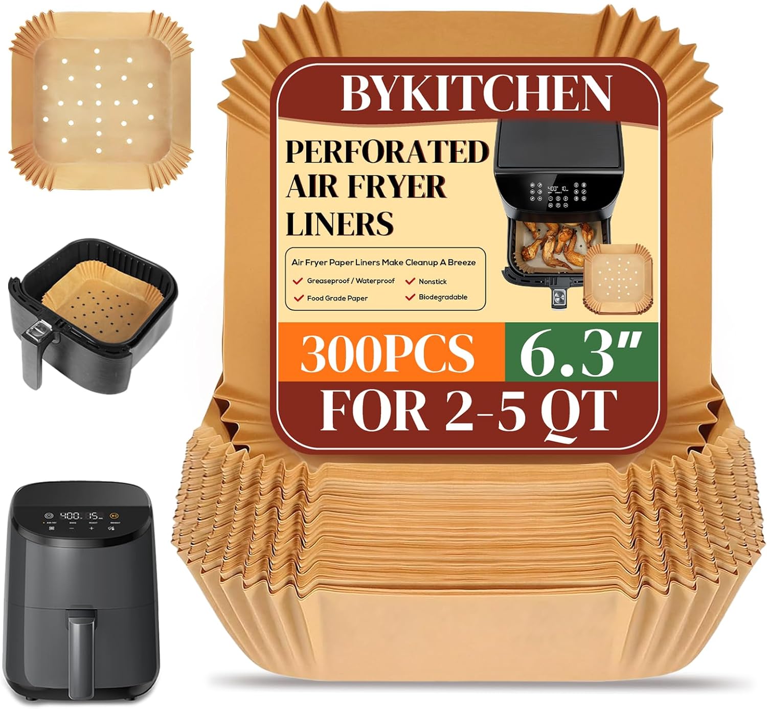 BYKITCHEN 300PCS Small Perforated Disposable Air Fryer Liners for 2 to 5QT Airfryer, Air Fryer Parchment Paper Liners, Compatible with CHEFMAN 2 QT/ 4 QT, Cosori 2.1QT, Instant Pot Vortex 4Qt& More