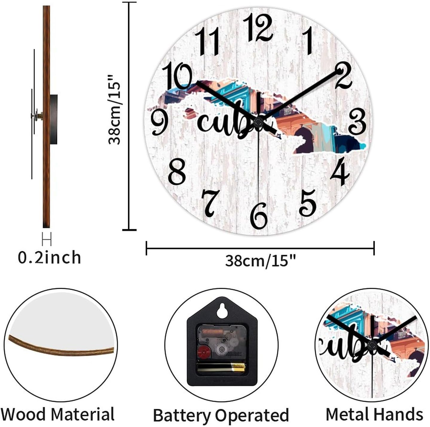 Funlucy Cuba Country Landmark Scenery Wall Clock Cuba Battery Operated Silent Non-Ticking PVC Clock 15x15 Inch for Home Kitchen Bathroom Bedroom Living Room Decor