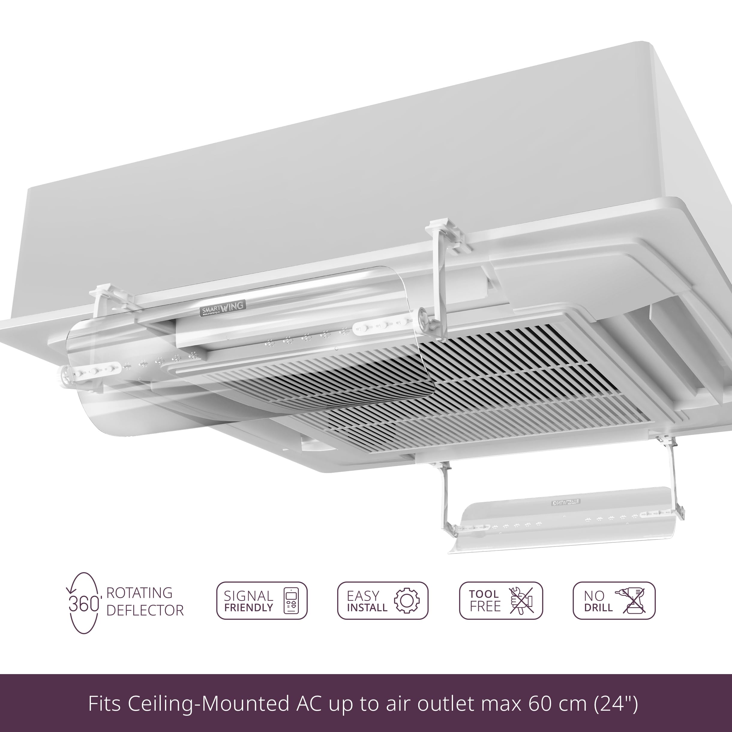 Deflettore di ventilazione per condizionatore d'aria a soffitto | confezione da 2 alette trasparenti fino a 60 cm (unità non inclusa)