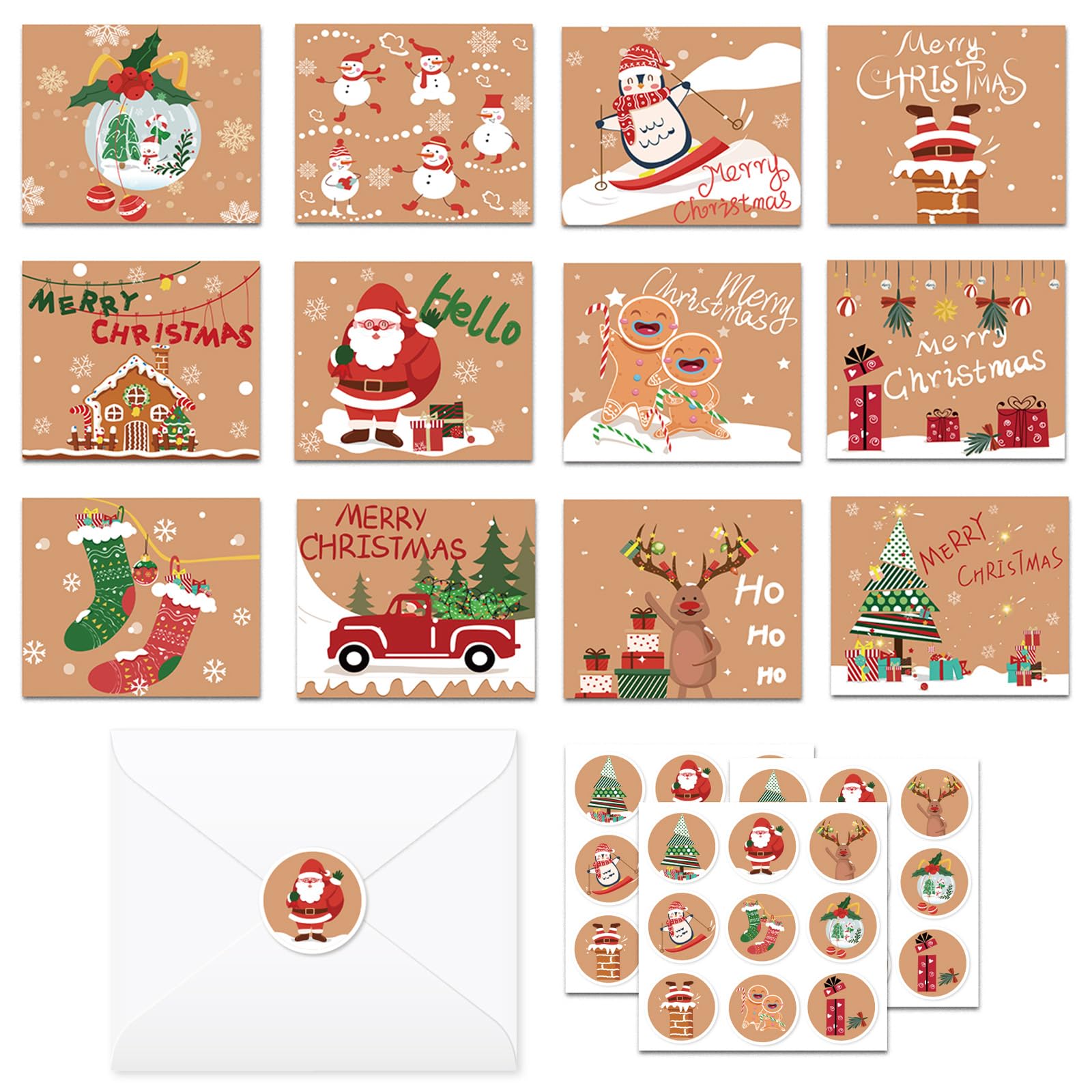 MORAINJAY 24 Blank Christmas Greeting Cards, Xmas Note Cards Set, 12 Christmas Designs, for Holiday Wishes, Merry Christmas, Season’s Greetings, With Envelopes Stickers (with Envelopes Stickers)