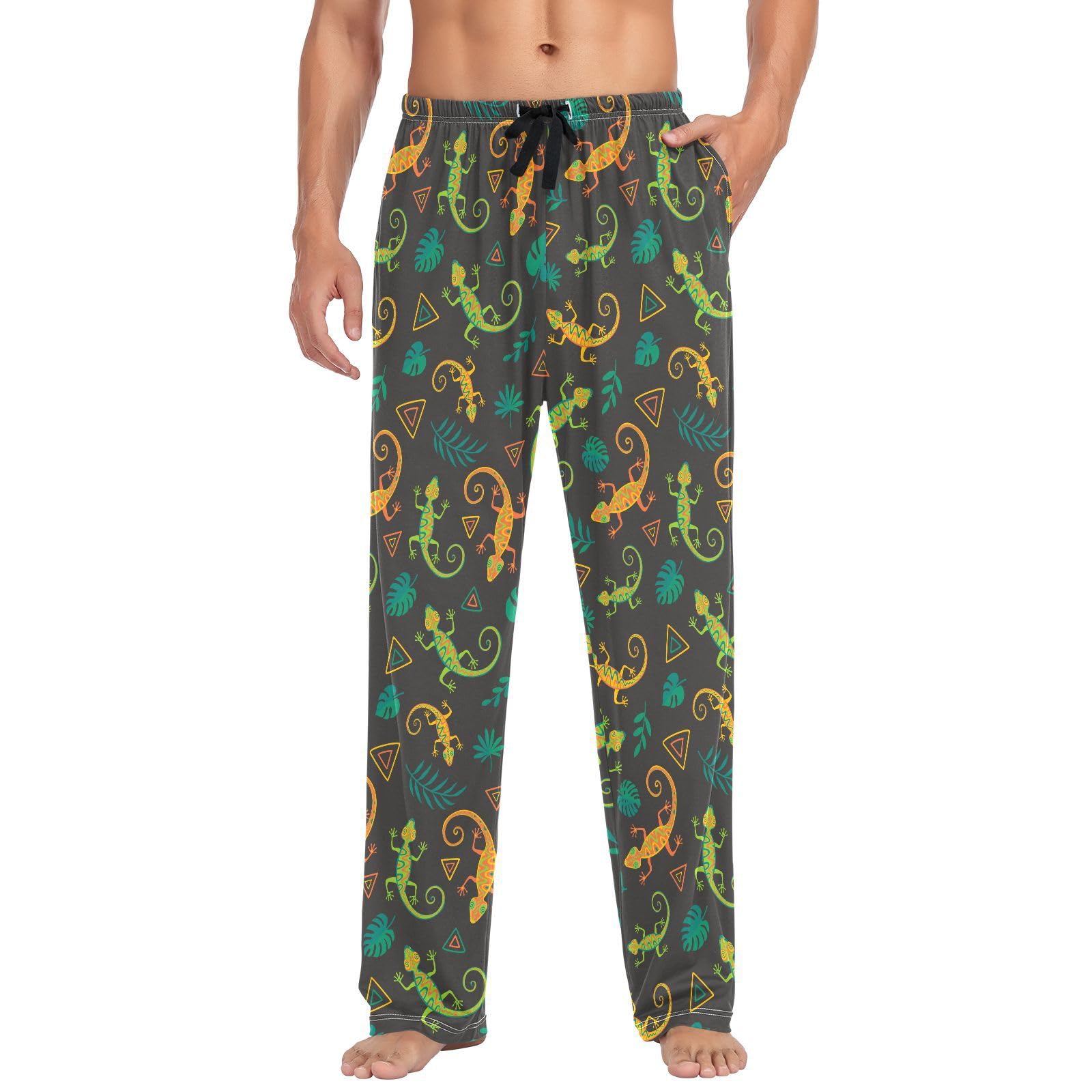Herren-Pyjamahose für Herren, Motiv: tropische Eidechsen, Lachsen, Schlafhose, Lounge-Nachtwäsche mit Taschen, Kordelzug, lang, 100 % Baumwolle, Größe XL, mehrfarbig, XL