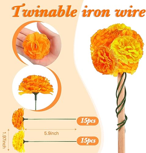 Miniatura 2 de Hanaive Juego de 38 decoraciones del Día de los Muertos, 2 guirnaldas artificiales de caléndula de 4.9 pies, 30 flores de caléndula falsas, 6