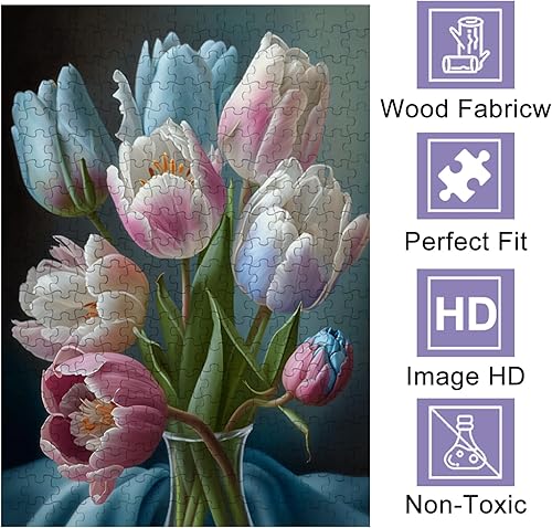 Miniatura 3 de Rompecabezas de estilo botánico de 500 piezas, rompecabezas de ramo de tulipanes para adultos, 15.2 x 20.8 pulgadas, rompecabezas único, difícil y