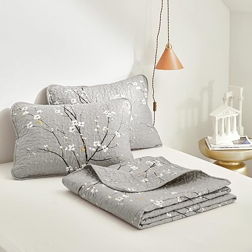 Miniatura 8 de UOZZI BEDDING Juego de edredón reversible de 2 piezas, rama gris con flores blancas y naranjas, tamaño individual de 68 x 86 pulgadas, colcha de