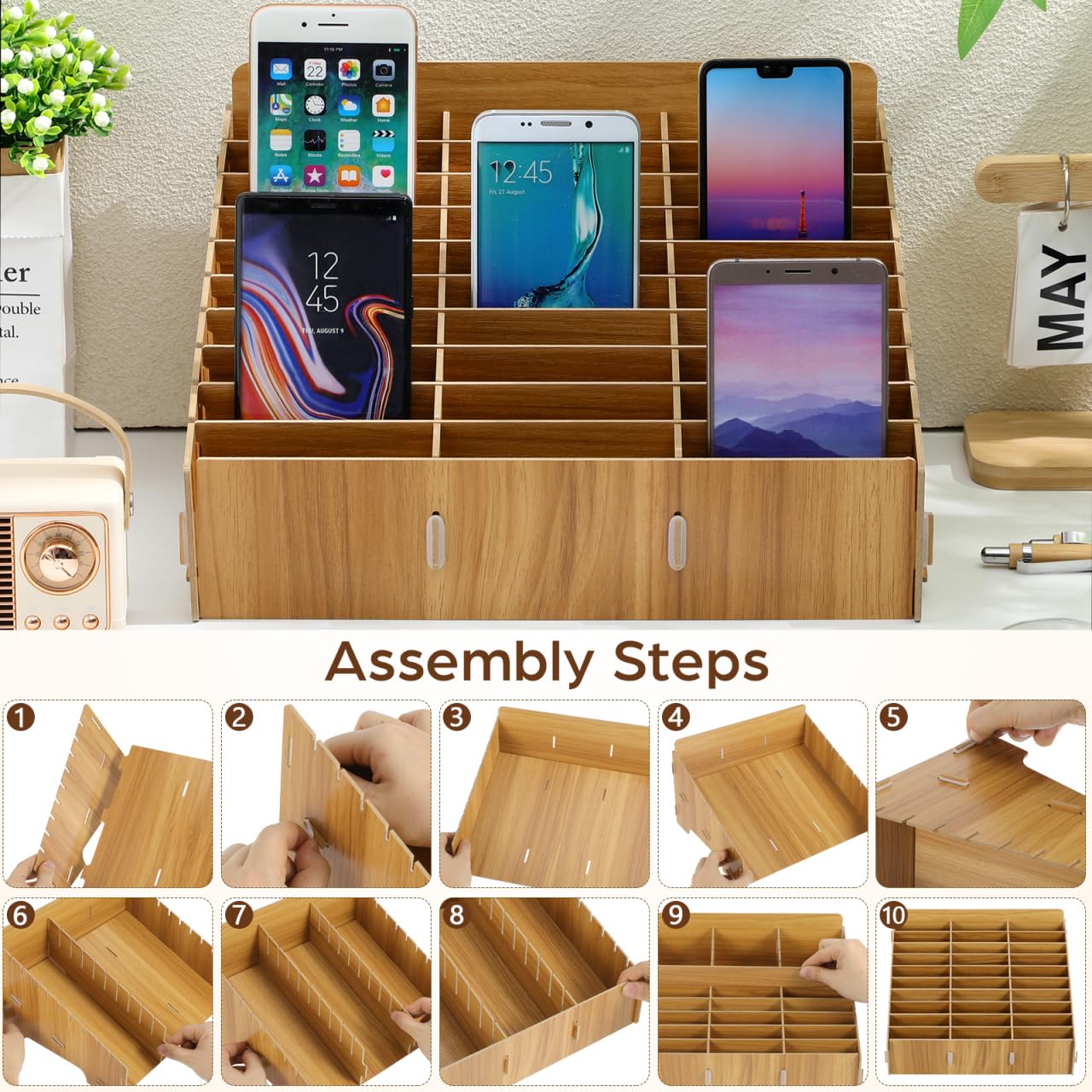 Operitacx Organizzatore Porta Cellulari da 30 Posti Multiplo in Legno, Scatola Porta Telefoni da Tavolo con Scomparti, 32,5 x 23,5 x 18,5 cm, per Aula, Ufficio e Riunioni, Bianco