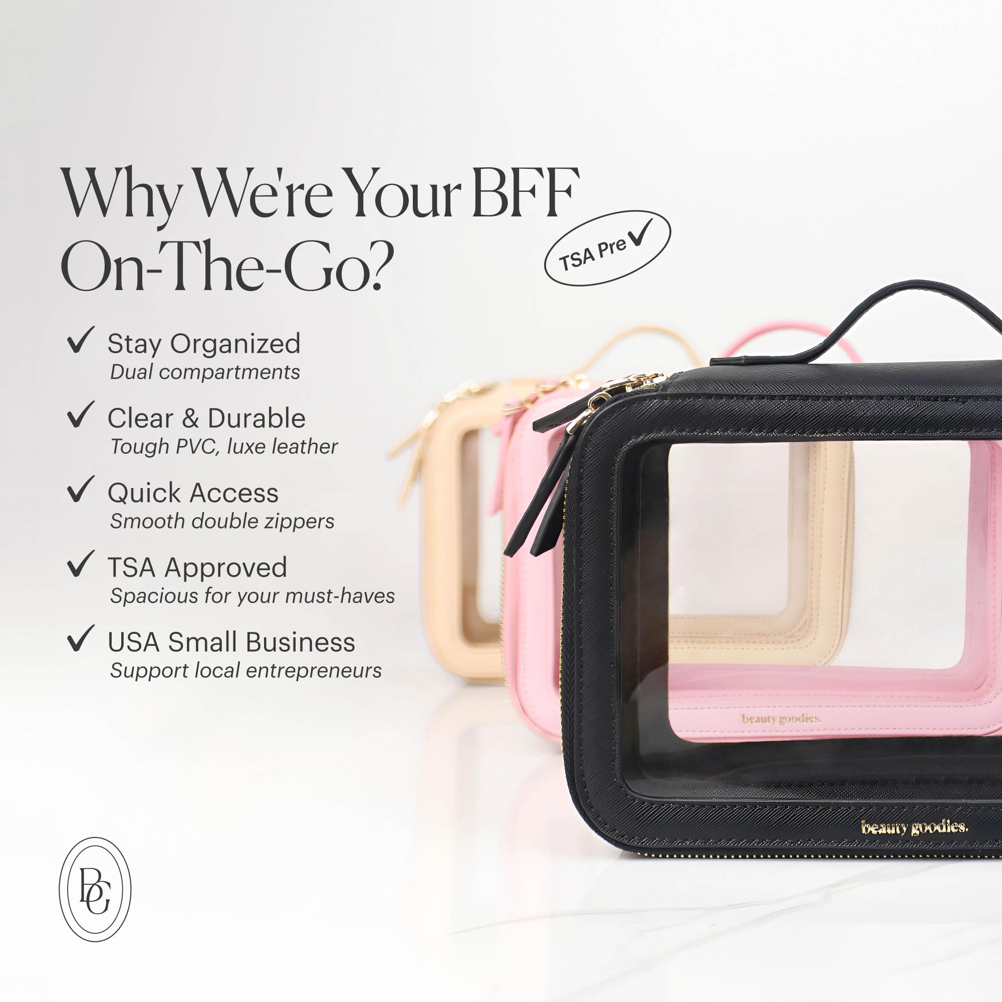 Beauty Goodies Kosmetyczka Przezroczyste Kosmetyczki, Podróżna kosmetyczka Czarna kosmetyczka do makijażu, zatwierdzona przez TSA, przezroczyste kosmetyczki do podróży dla kobiet, przezroczyste
