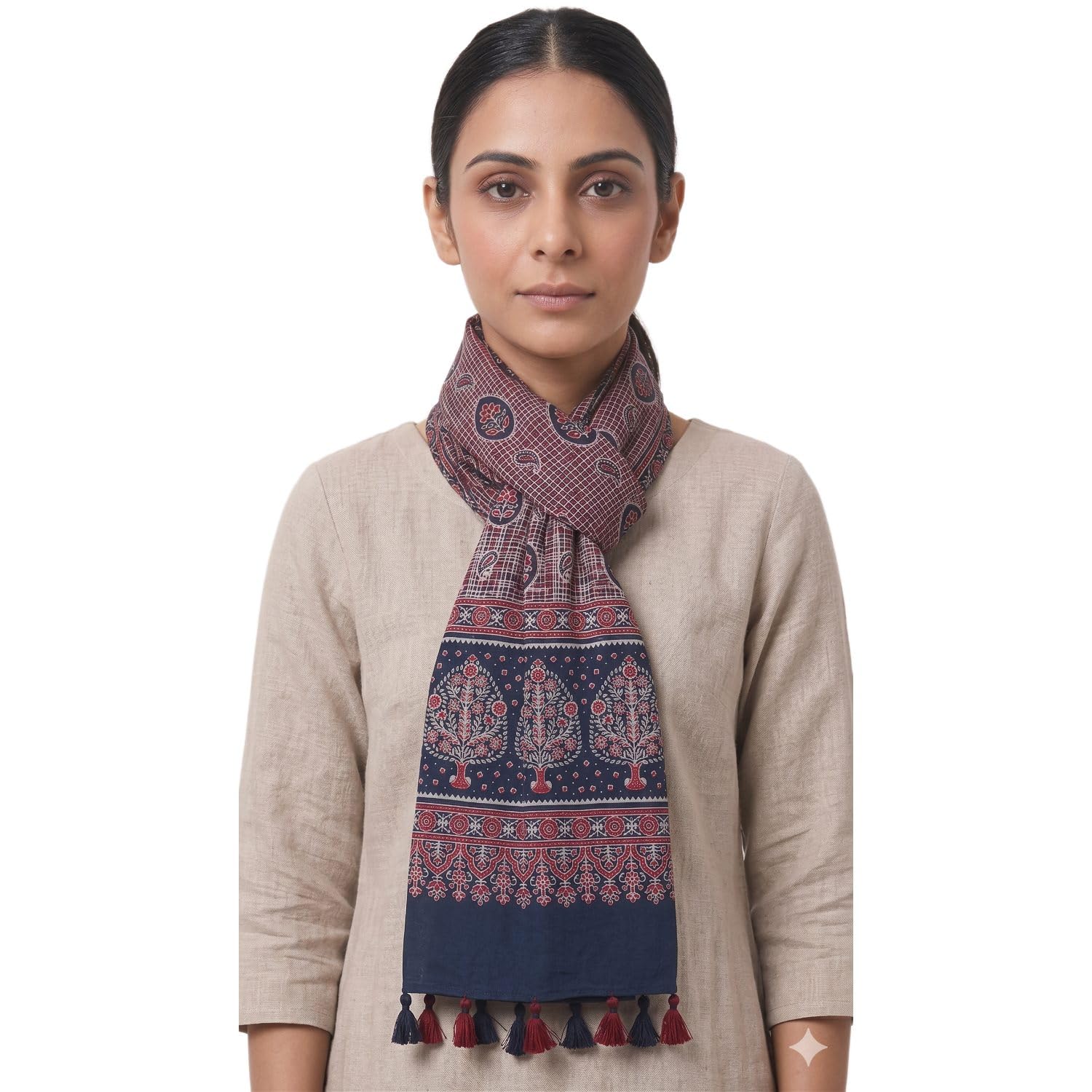 india scarves Ajrakh Print Cotton Stole with Tassels, Traditional Ethnic Scarf Dupatta for Women, 226 x 52 cm-picture-35