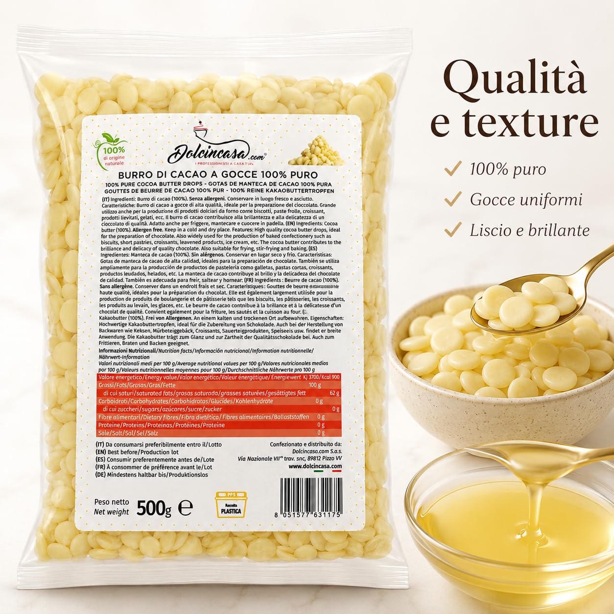 Dolcincasa Burro di Cacao a Gocce 100% Puro 500 g, per Cioccolato, Dolci da Forno, Biscotti, Frolle, Croissant e Pasticceria