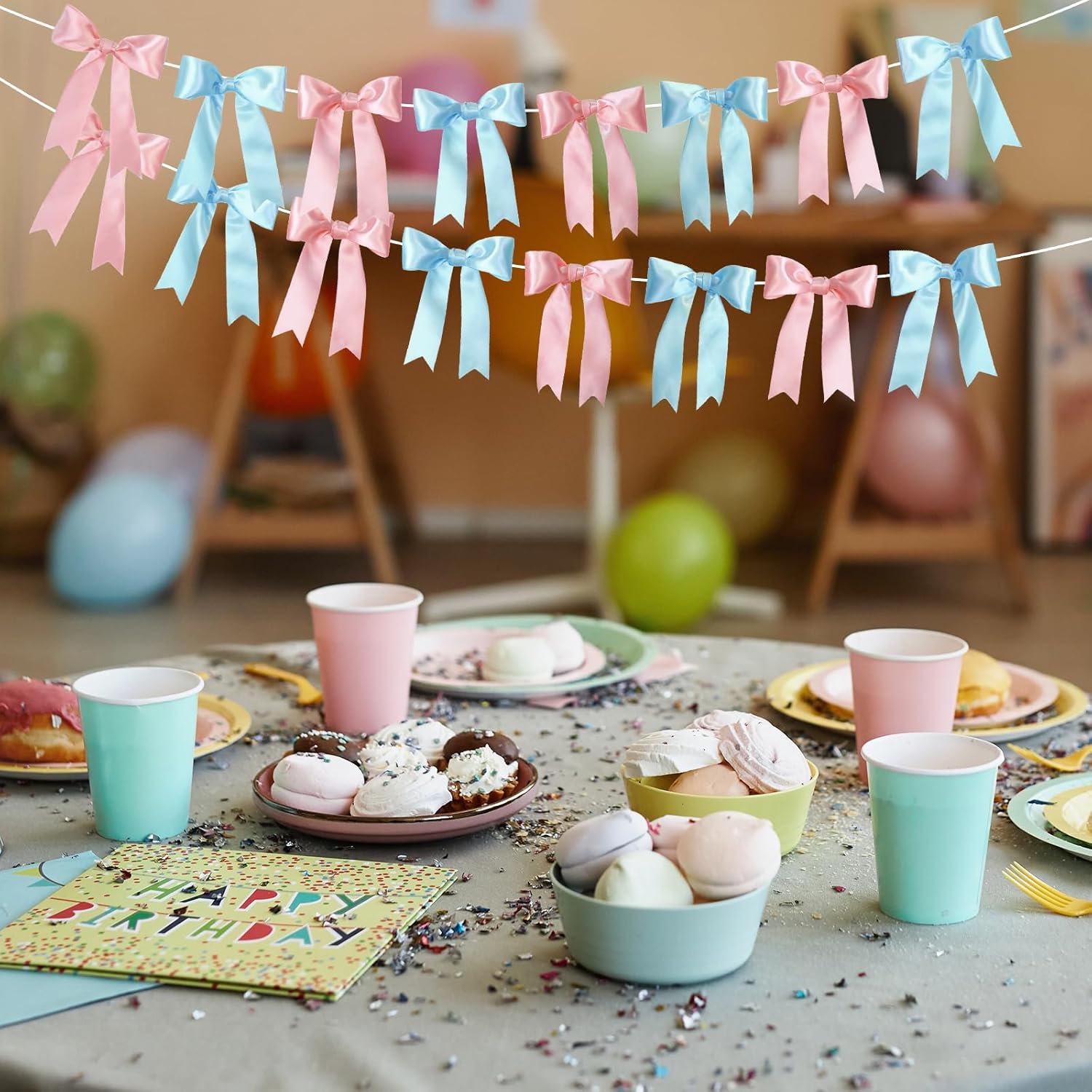 2 Strings of 16 PCS Pink Blue Bow Garlands Banner Decoration, Pre-Strung Satin Ribbon Bow Party Ornaments for Gender Reveal Party, Birthday, Baby Shower, Engagement, Bachelorette(Pink&Blue) - Image 7