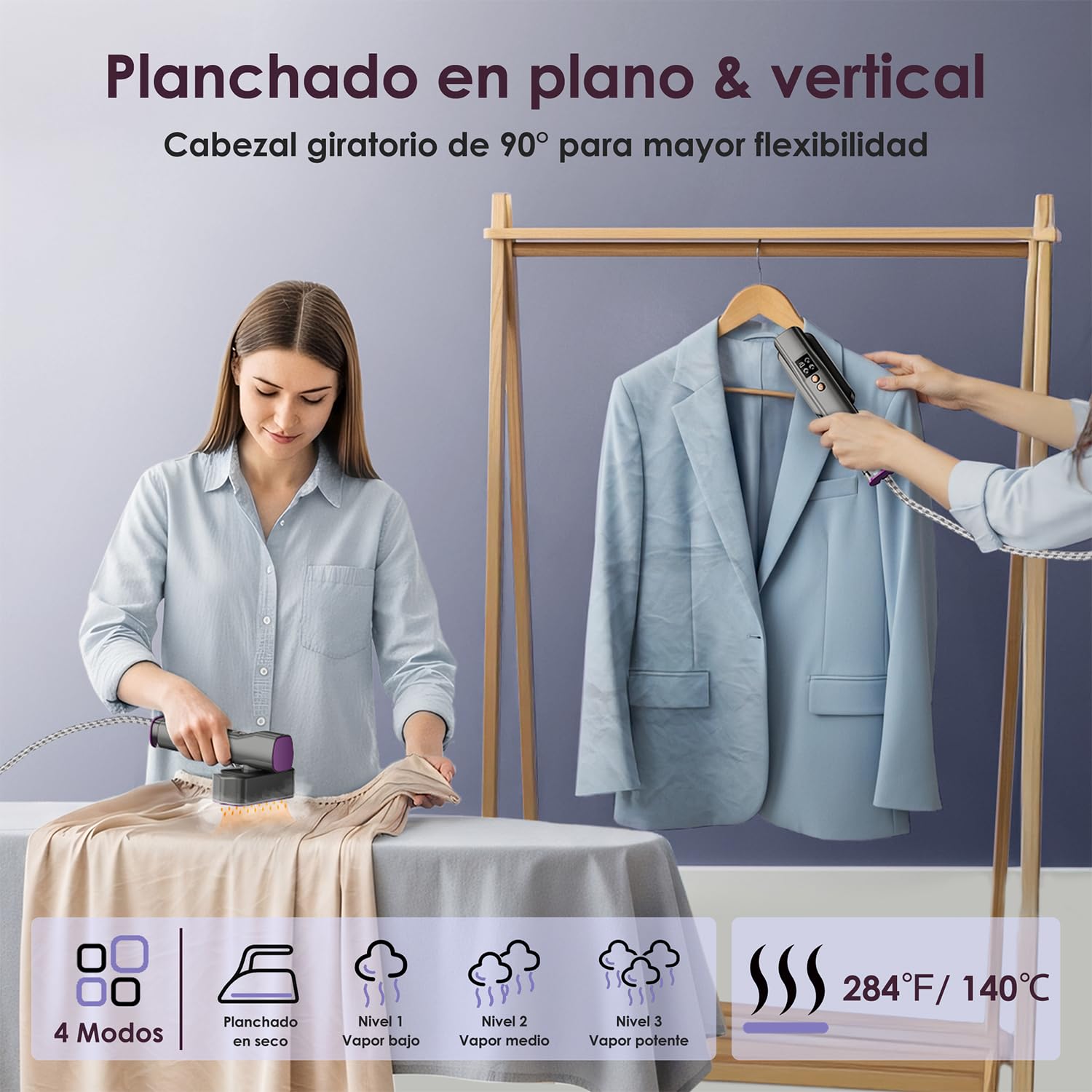 VIWAVE Plancha Vertical Vapor 1200 W, Voltaje Dual 100-240 V, Calentamiento Rápido 15 s, Plancha Ropa 2 en 1, 4 Modos, Pantalla LED, Ferro Vapor Vertical Portátil para Viajes de Negocios y Hogar