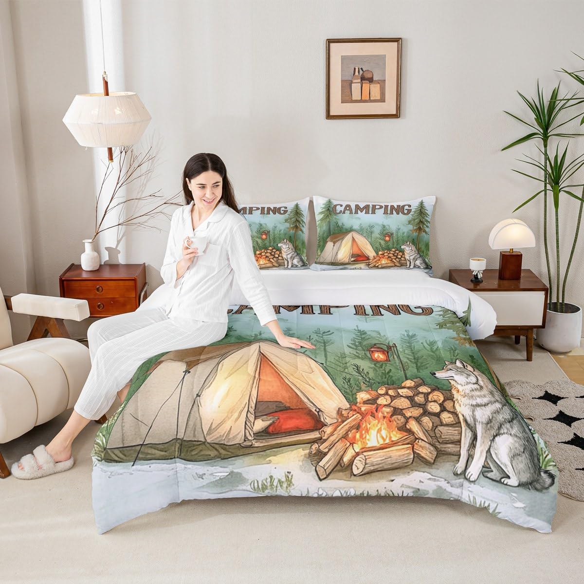 Homewish Zestaw pościeli kempingowej King Size - wilk namiot ognisko zestaw pościeli chłopcy leśne drzewo zestaw kołdry - kreskówka dzikie zwierzęta pościel wystrój pokoju kołdra bez pokrowca