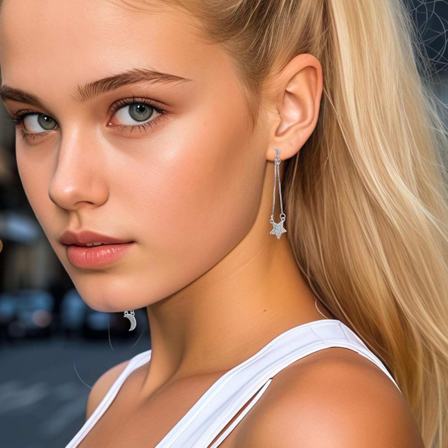 Silver Moon and Star Dangle Earrings for Women with Cubic Zirconia Asymmetrical Long Chain Tassel Earrings for Celestial Jewelry - Image 2