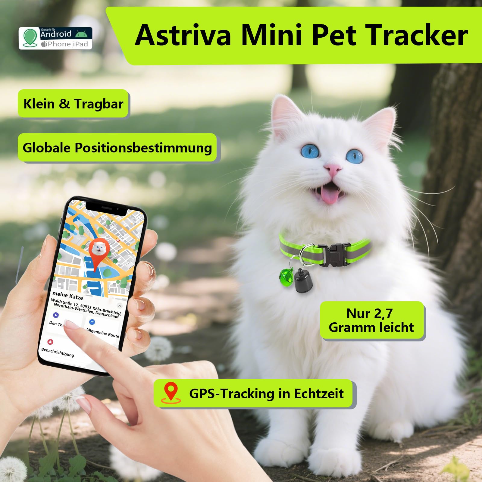 Tracker GPS dla kotów i psów, kompatybilny z systemami iOS i Android, śledzenie lokalizacji na całym świecie, obroża dla kota, tracker GPS bez abonamentu, mini tracker zwierząt dla kotów