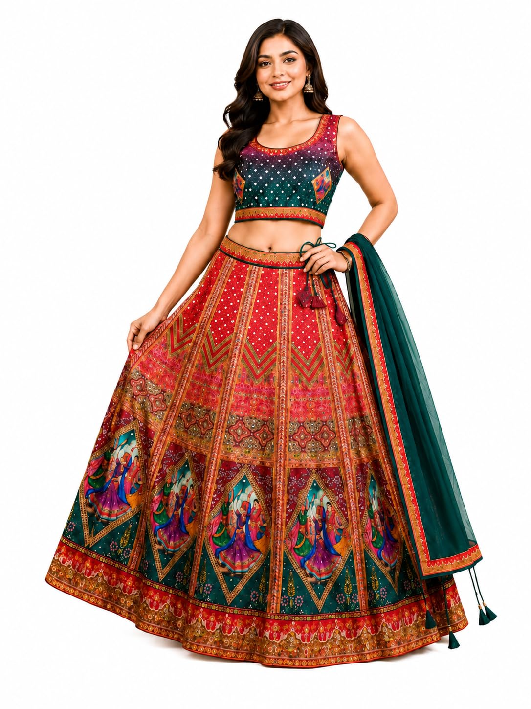 Women's Multicolour Lehenga Choli Set with Teal Dupatta, Festive Digital Print, Traditional Dance Motif-picture-36
