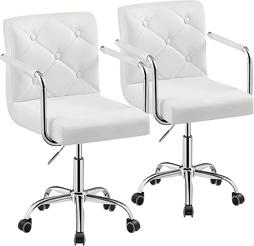 VECELO Silla de trabajo rodante blanca para escritorio de oficina en casa, altura ajustable con ruedas para estudiotarea, giratoria de 360, respaldo