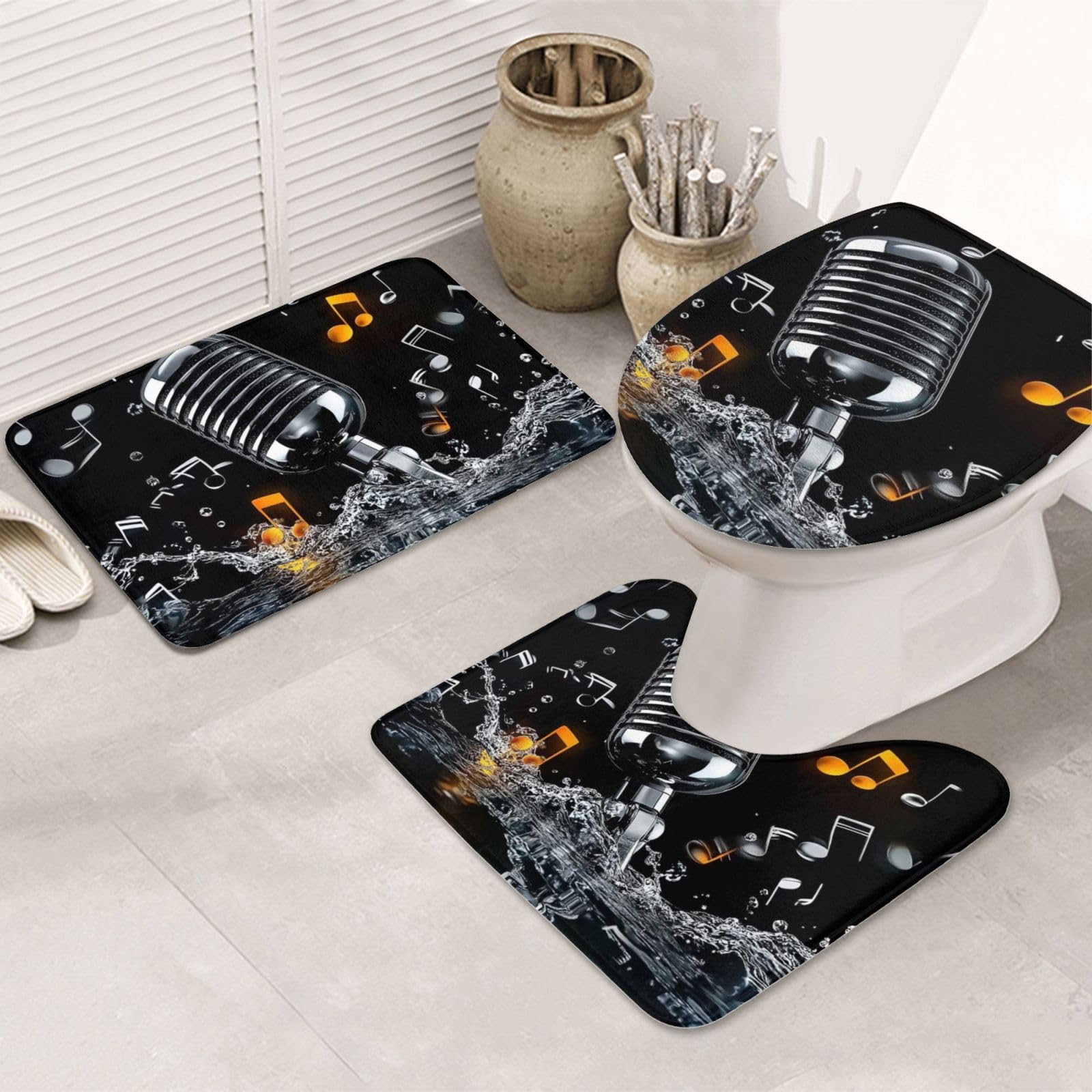 Juego de 3 alfombras de baño lavables, alfombrilla antideslizante con estampado de micrófono