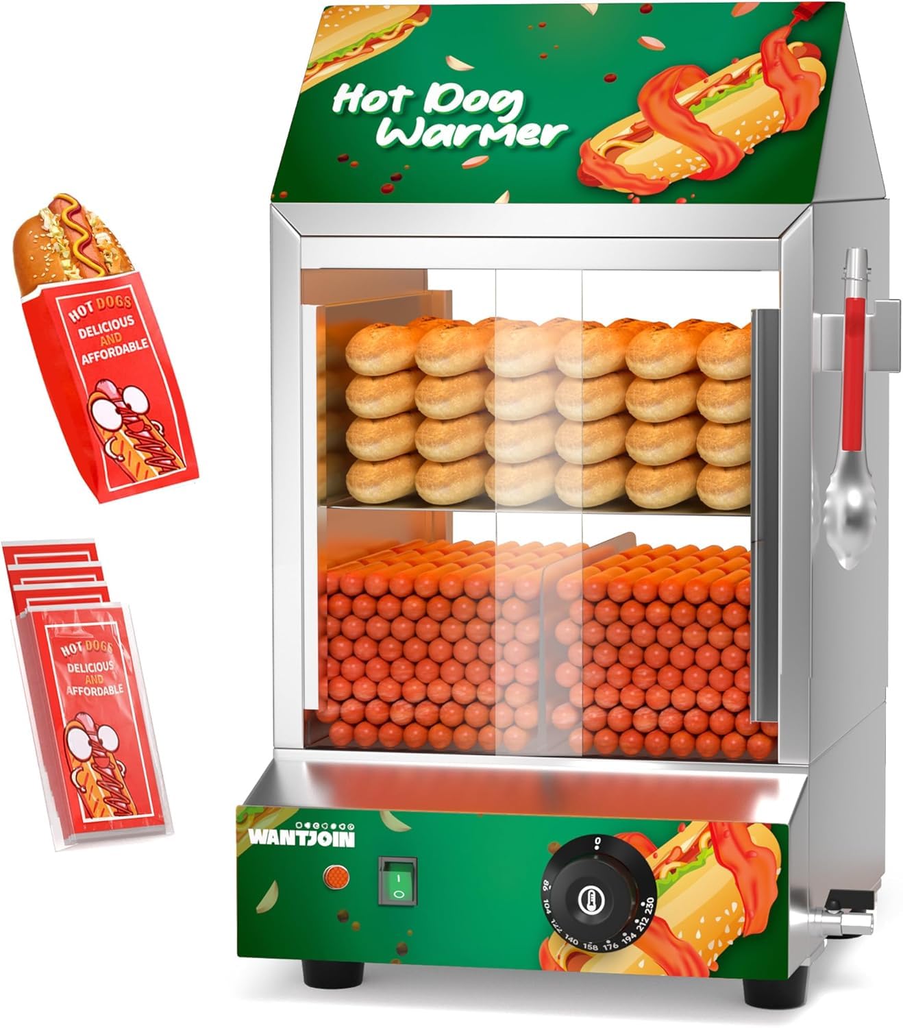 WantJoin Commercial Hot Dog Steamer -Electric Hot Dog Steamer with Bun Warmer, Stainless Steel Hot Dog Cabinet with Tempered Glass 1200W