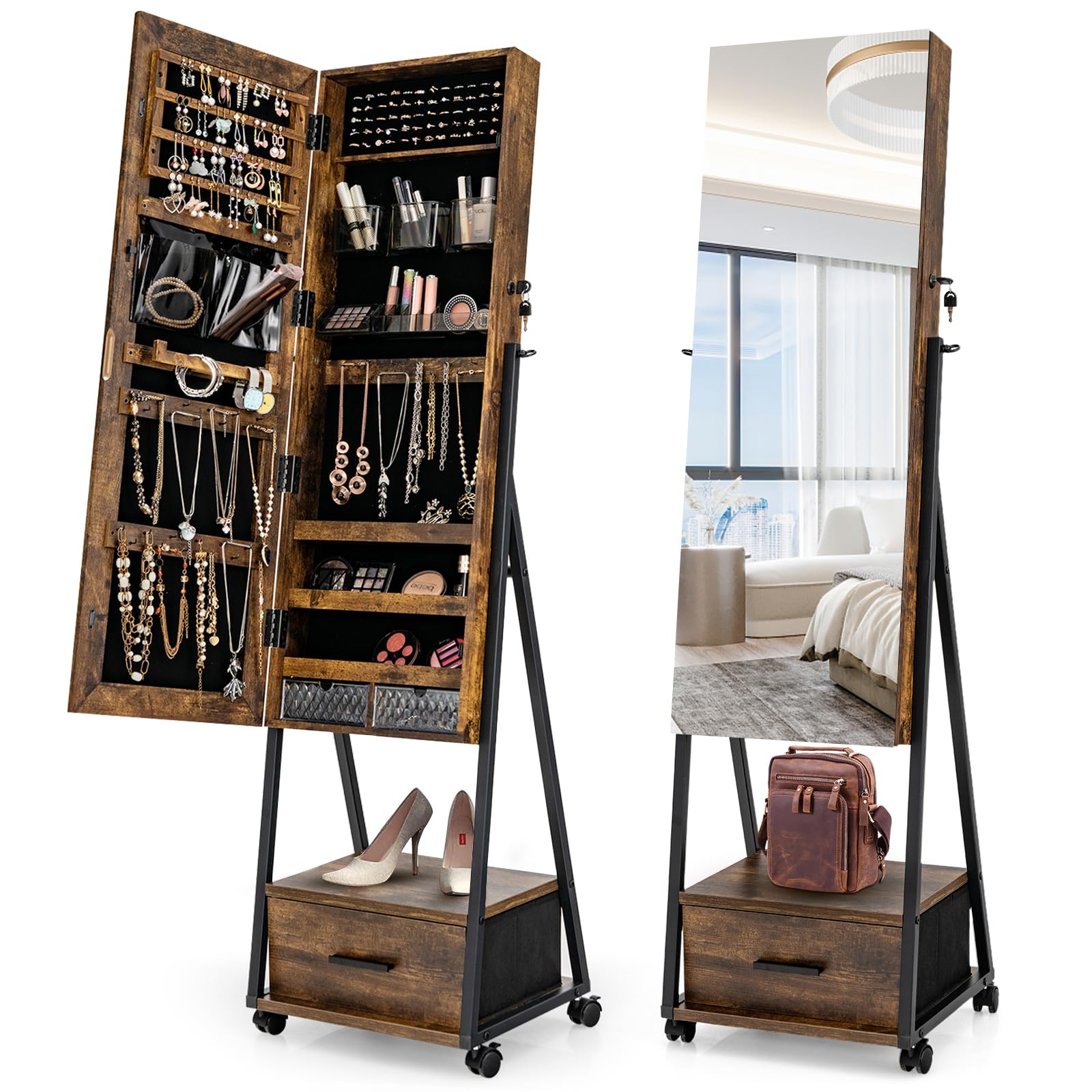 GOPLUS GOPLUS Armario Joyero 2 en 1 con Espejo de Cuerpo Entero, Organizador de Joyería de Pie con Ruedas de Bloqueo, Espejo Joyero con Cerradura para Dormitorio, Guardarropa (Natural)