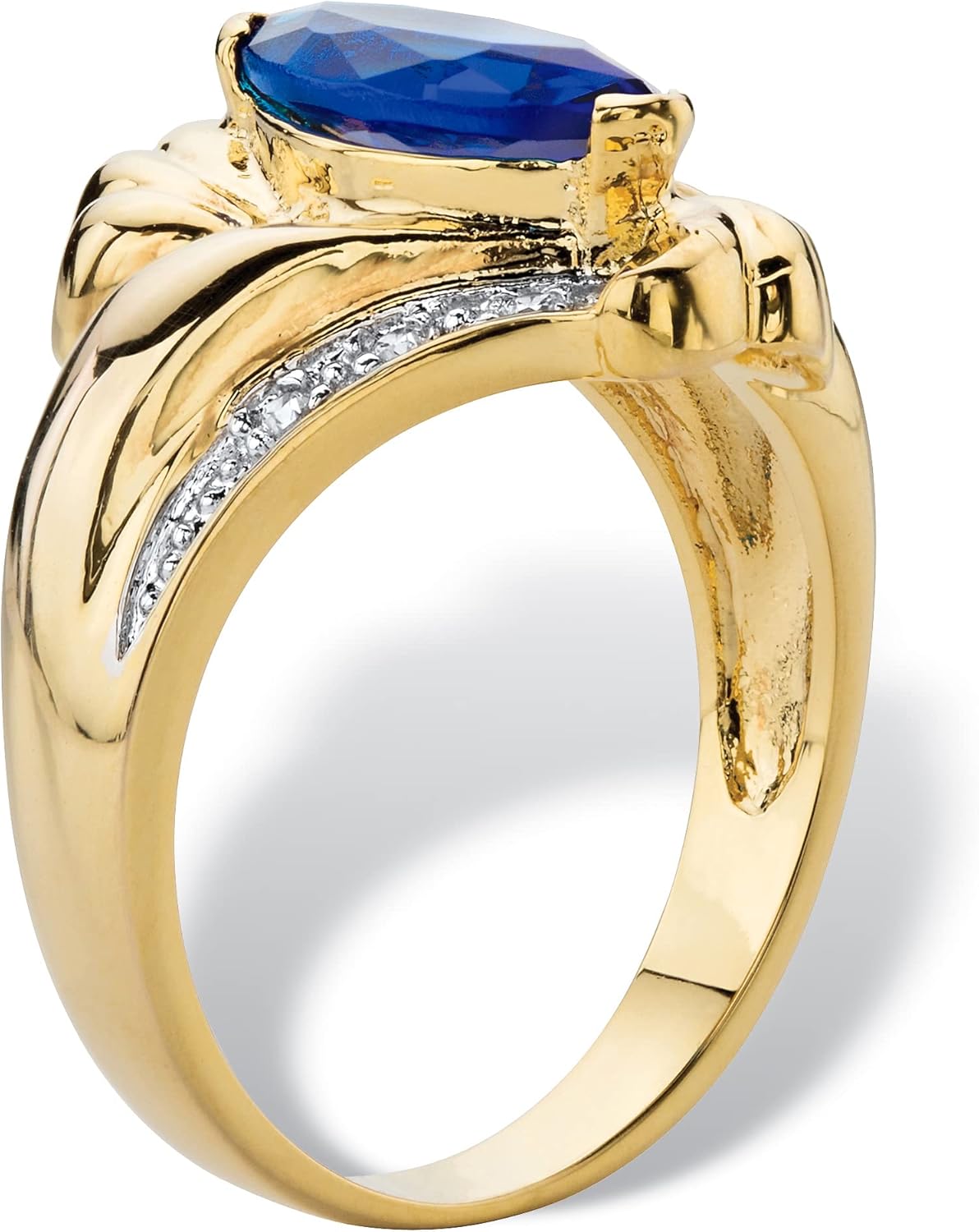 Palm Beach Jewelry 14K Yellow Gold Plated Marquise Cut Simulated Blue Sapphire and Round Cubic Zirconia Bypass Ring