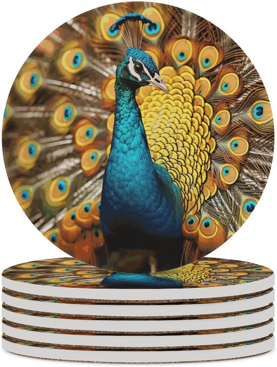 Peacock Coasters Round Coasters Set Ceramic Stone Coaster with Cork Base Coffee Cup Beverage Cup Mat Cute Funny Table Drinks Coaster for Mugs and Cups Office Kitchen