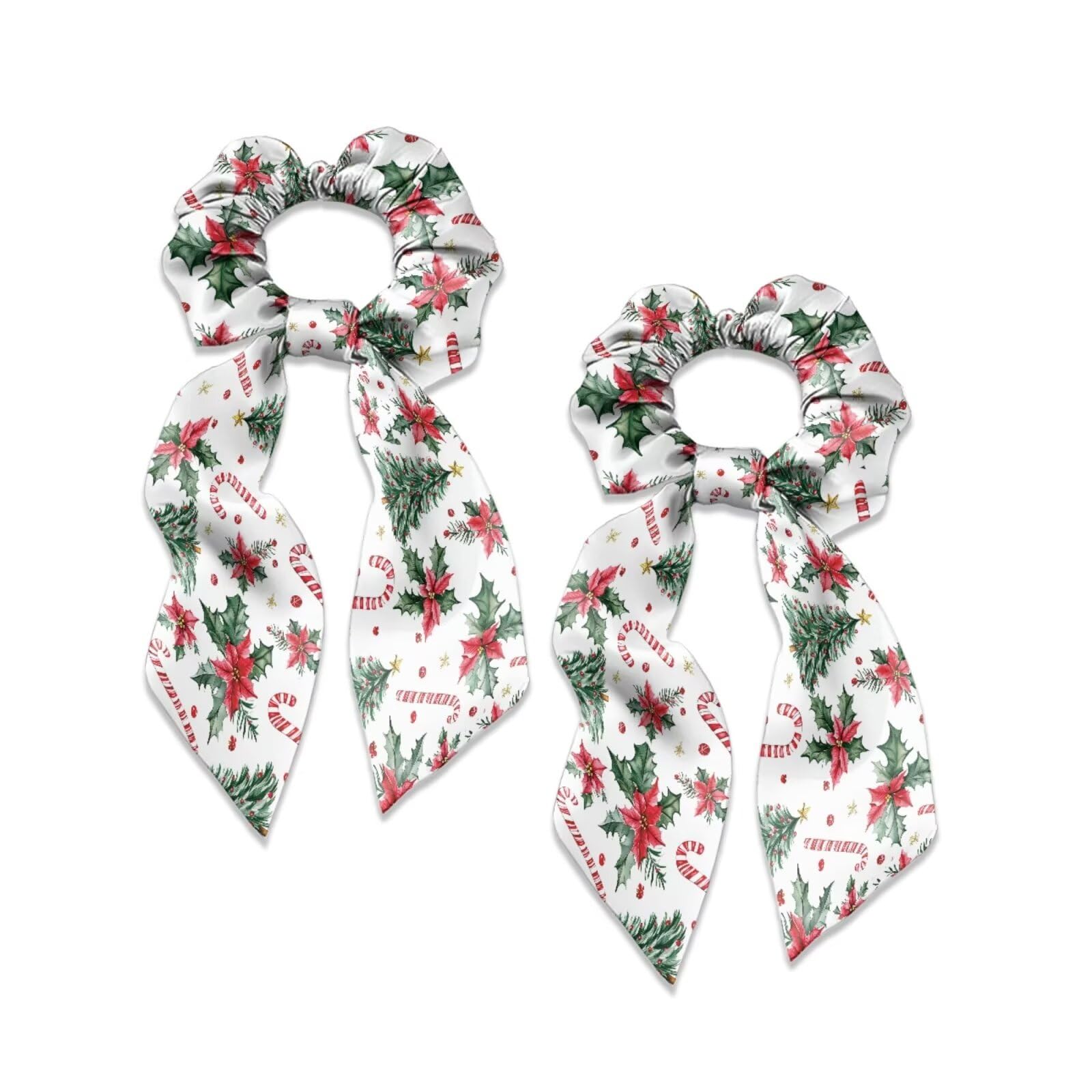 Hwzdsyxl Poinsettia Christmas Flower Tree Candy Cane Print 2 Pcs Hair Scarf Scrunchies Elastic Bands Bow Hair Ties Soft Hair Ribbon Scrunchies