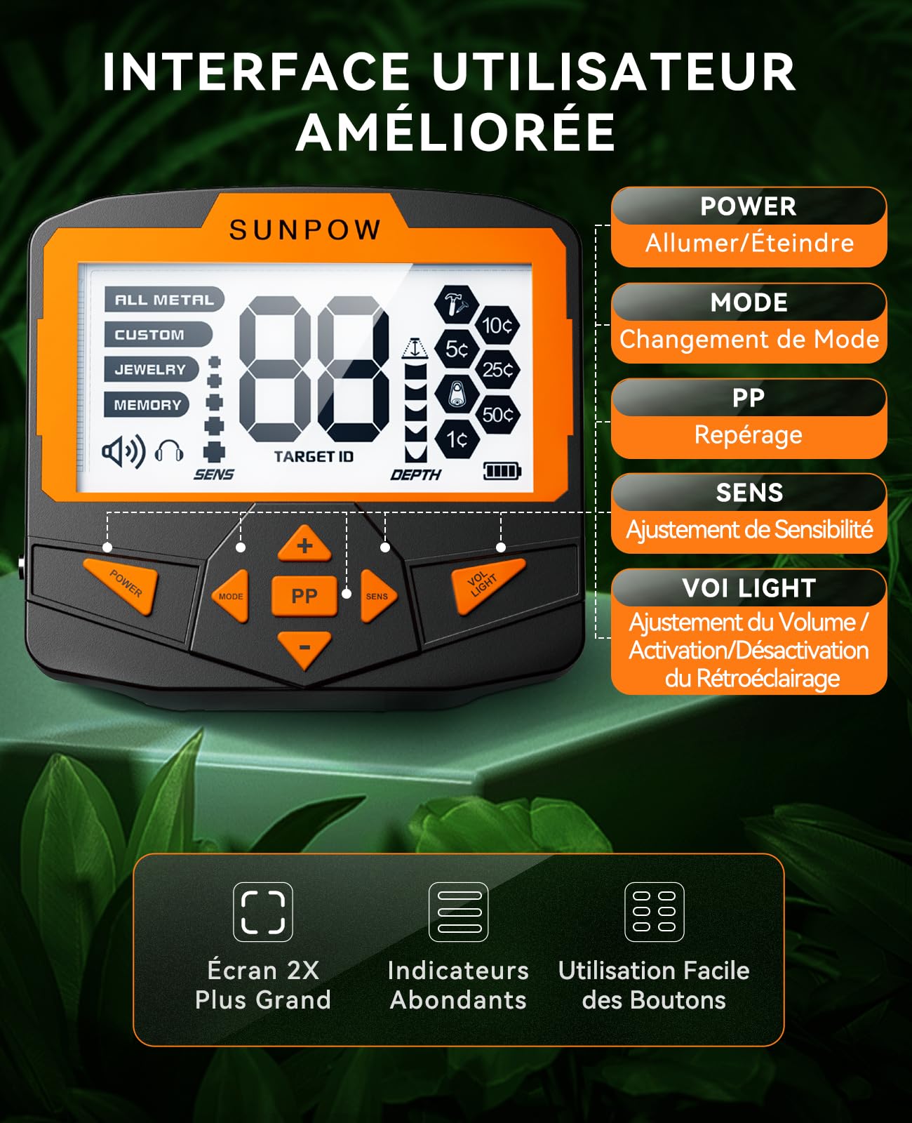 SUNPOW Détecteur de métaux - Détecteur Adulte étanche de précision à 5 Modes avec Profondeur de détection de 11 Pouces, Anti-interférences puissantes, Puce DSP avancée - OTMD09
