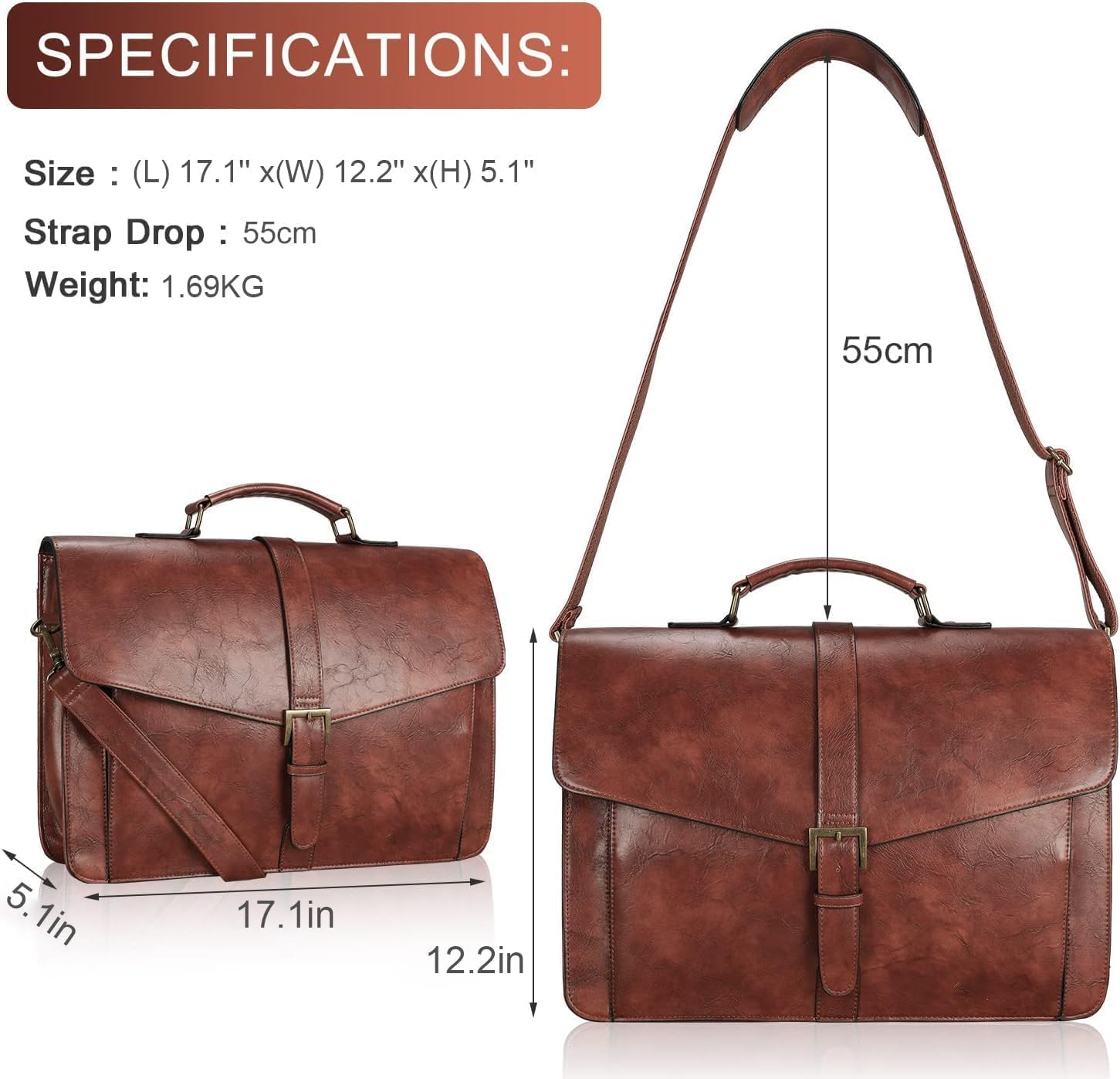 Estarer Mens PU Leather Briefcase Large Laptop Satchel Messenger Shoulder Bag for Work Business Office - Christmas Gifts For Him