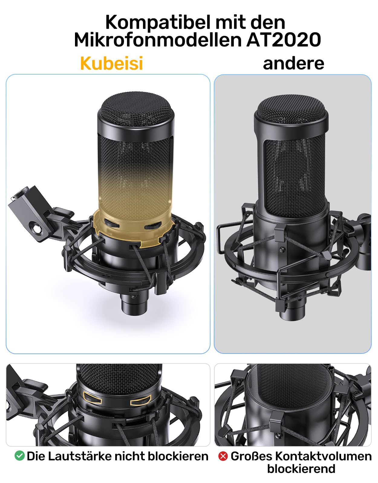 AT2020 Mikrofonspinne, Kompatibel mit Audio-Technica AT2020USB+, AT2035 & ATR2050, Mikrofon-Stoßdämpferhalterung mit 5/8" und 3/8" Adapter