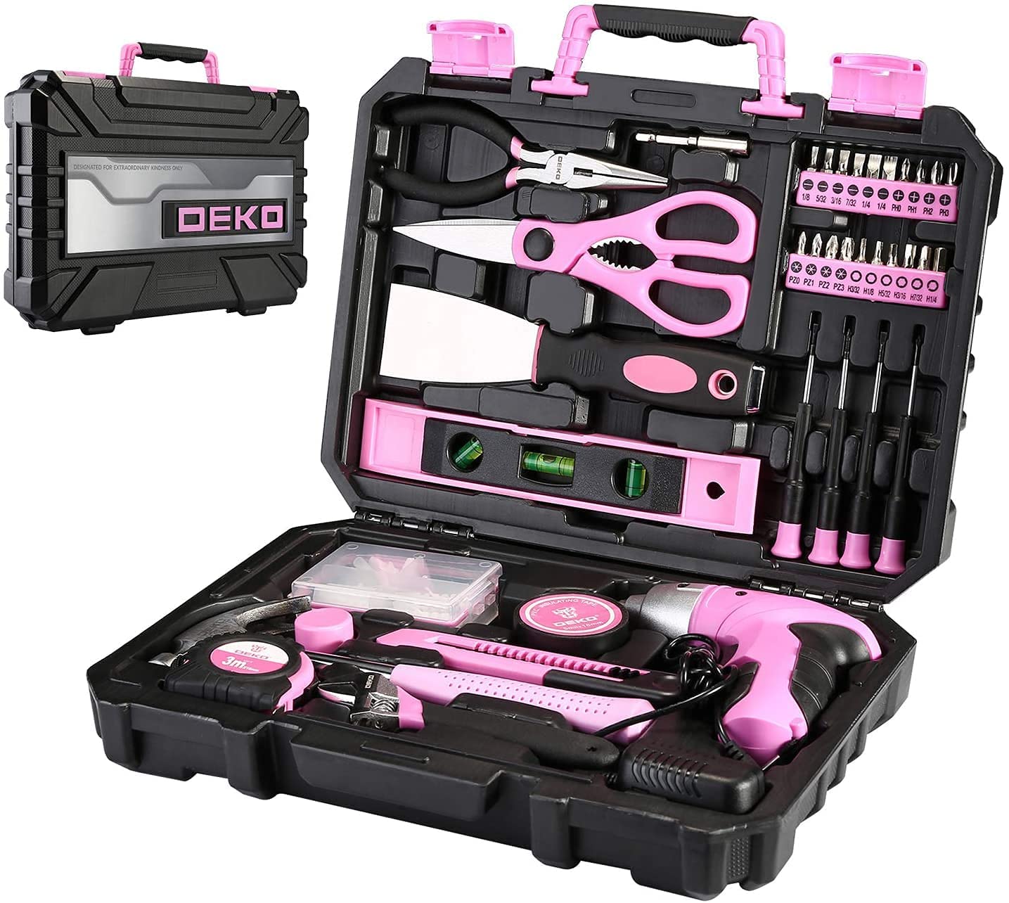DEKO Juego de herramientas de 98 piezas, color rosa, kit de herramientas de mano general para el hogar con caja de herramientas de plástico