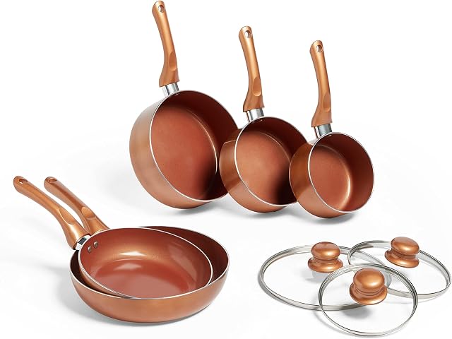 VonShef 5 Piece Copper Pan Set, Induction Safe Stainless Steel Pot & Pan Set with Non Stick Coating & Ventilated Glass Lids Suitable for All Hob Types