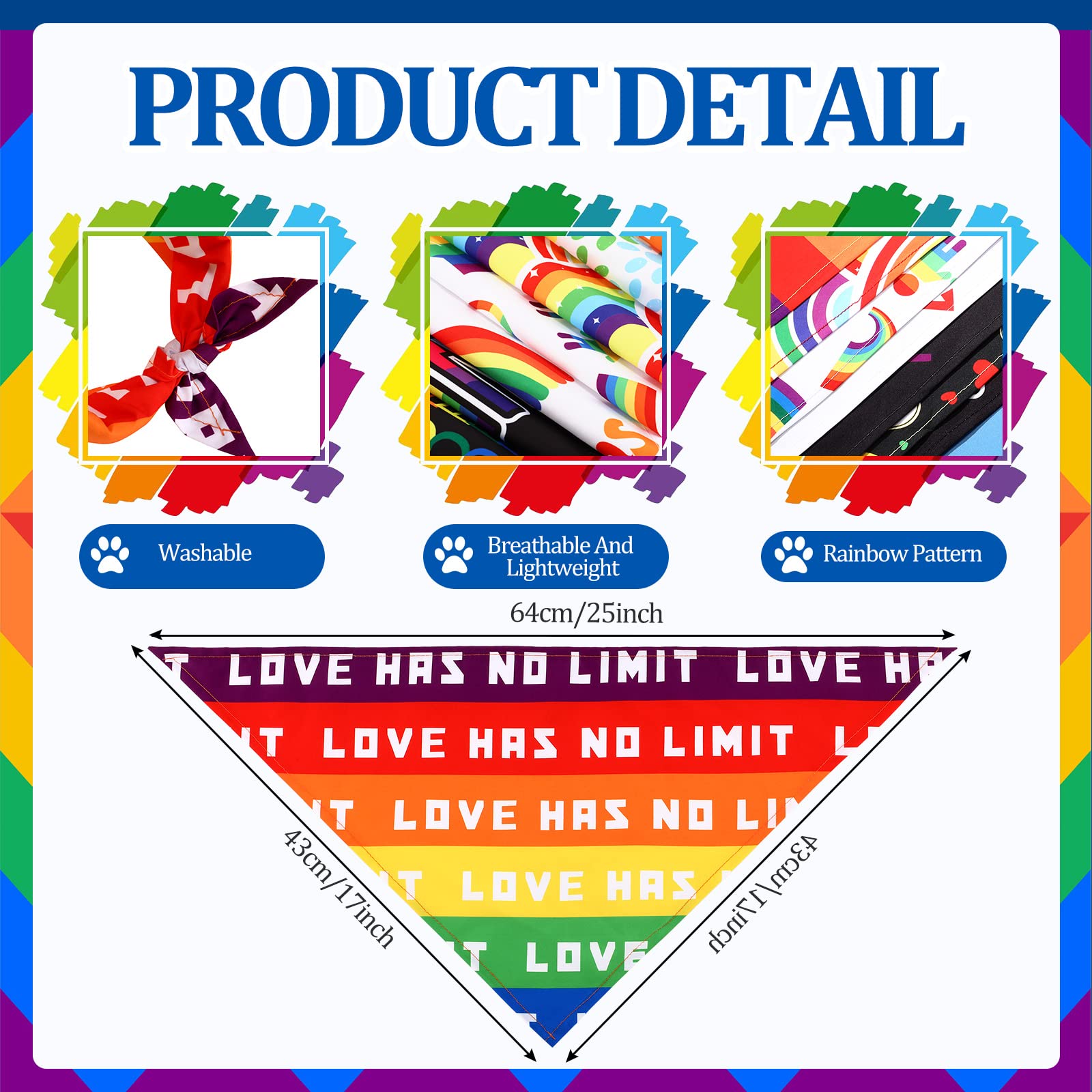 Lot de 60 bandanas pour chien Gay Pride arc-en-ciel - Mouchoirs pour chien LGBT - Accessoires de fête - 10 styles