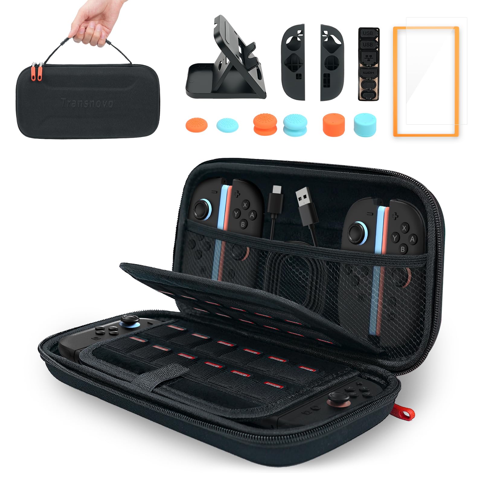 TRANSNOVO Custodia Compatible con Nintendo Switch 2 con Accessori – Case Rigido con 24 Slot per Cartucce di Gioco, Protezione Schermo HD, Supporto, Tappi per Joystick e Custodie per Joycon